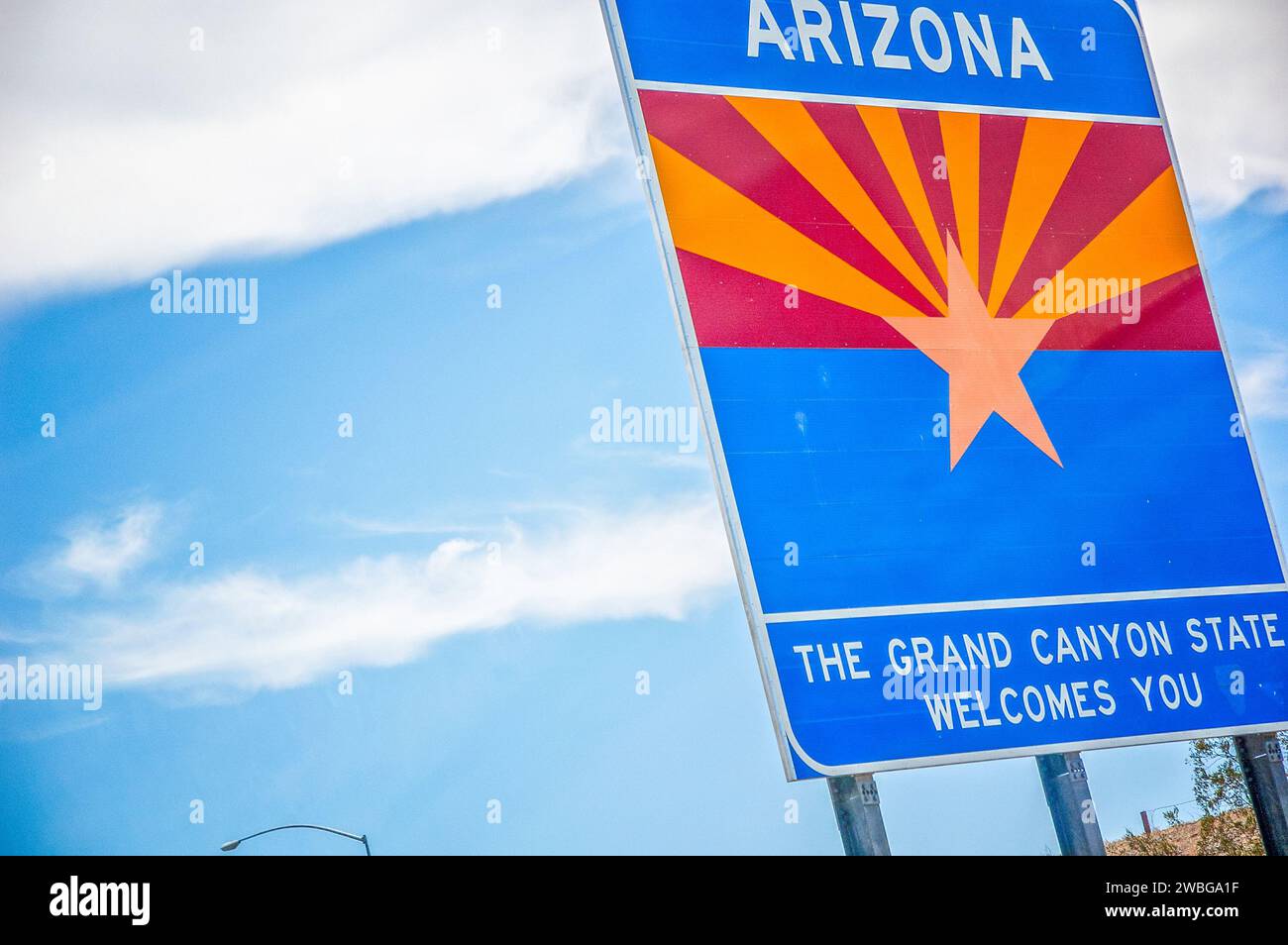 Close up of Arizona border sign on the highway. Stock Photo