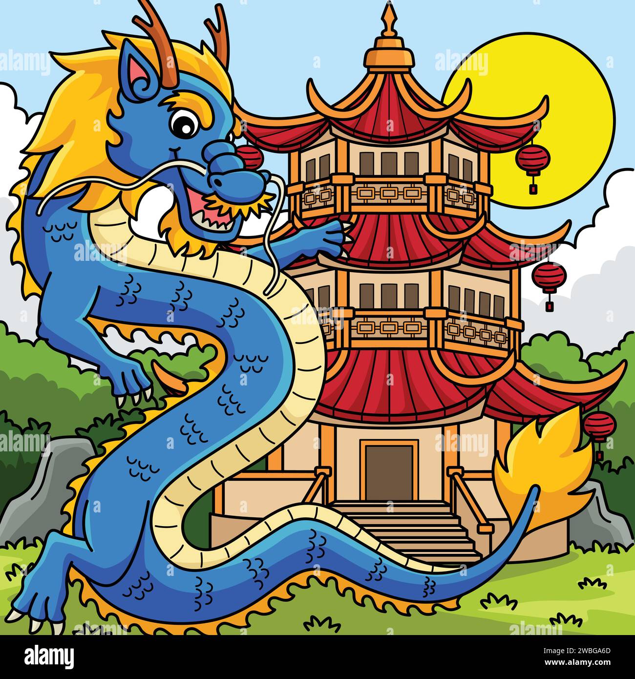 Year of the Dragon with Pagoda Colored Cartoon Stock Vector Image & Art ...