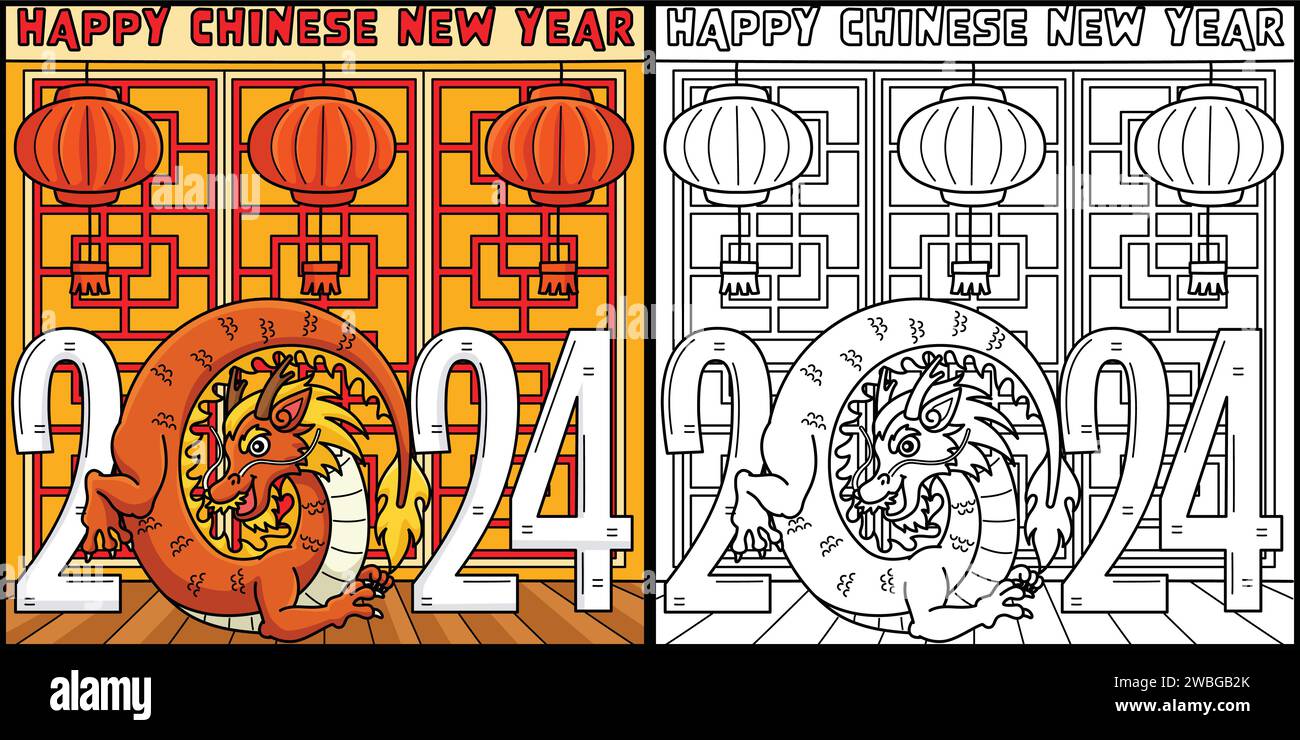 2024 Year of the Dragon Coloring Page Illustration Stock Vector Image ...