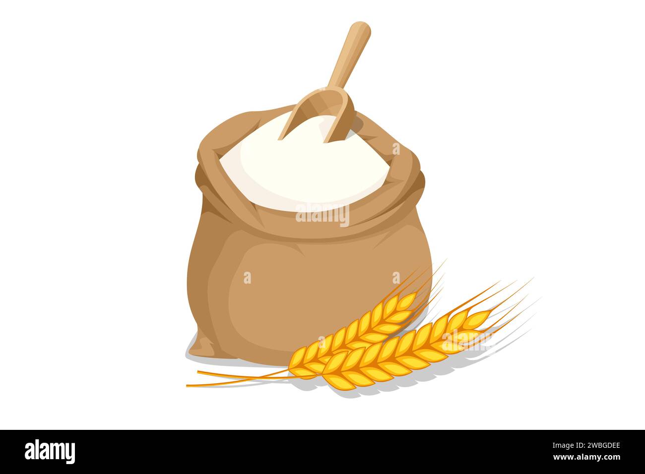 Isometric wheat flour in sack and spikelets isolated on white. Healthy eating and dieting food