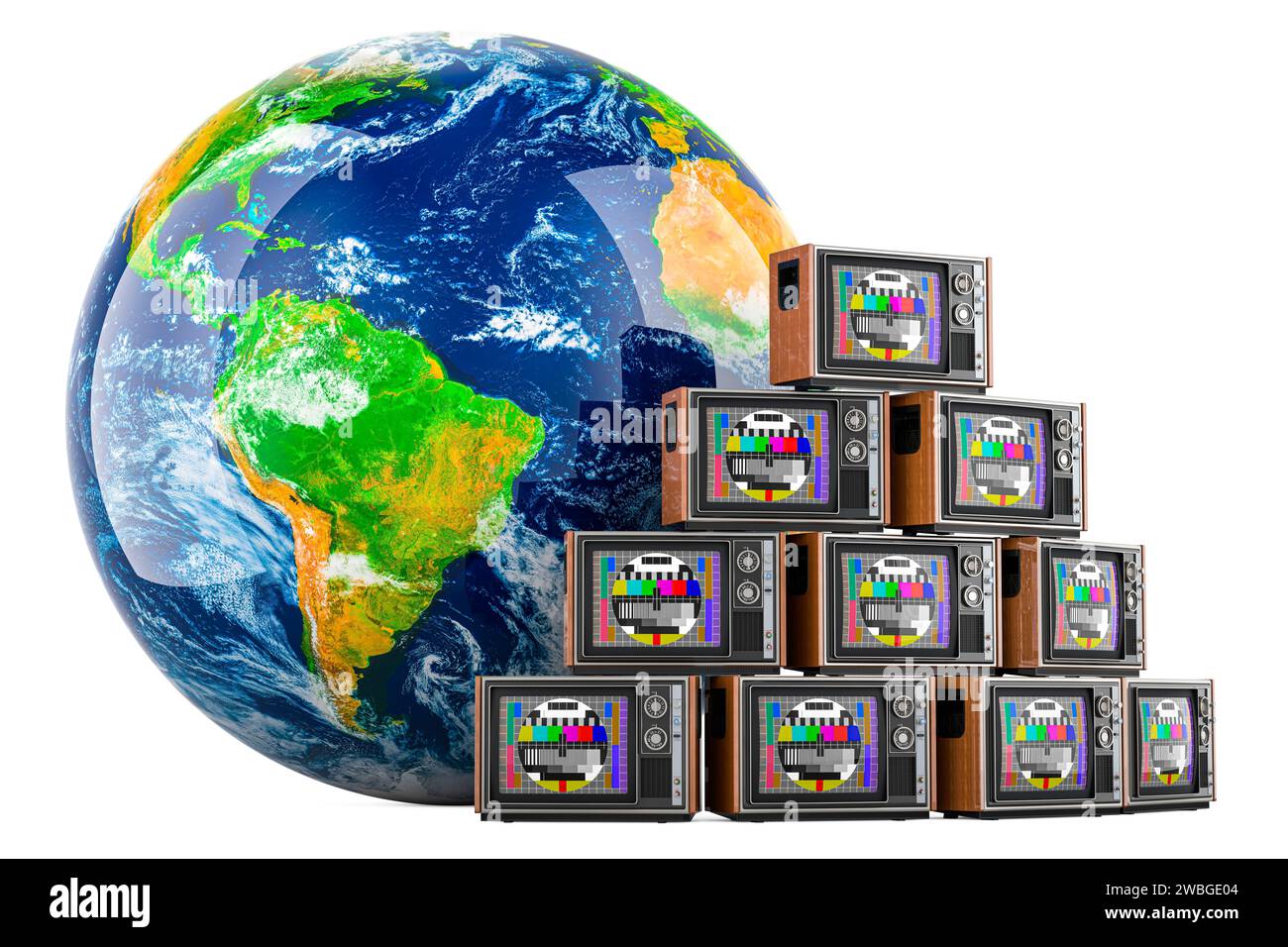 Earth Globe with vintage TV sets with test card TV. International Television concept, 3D rendering isolated on white background Stock Photo