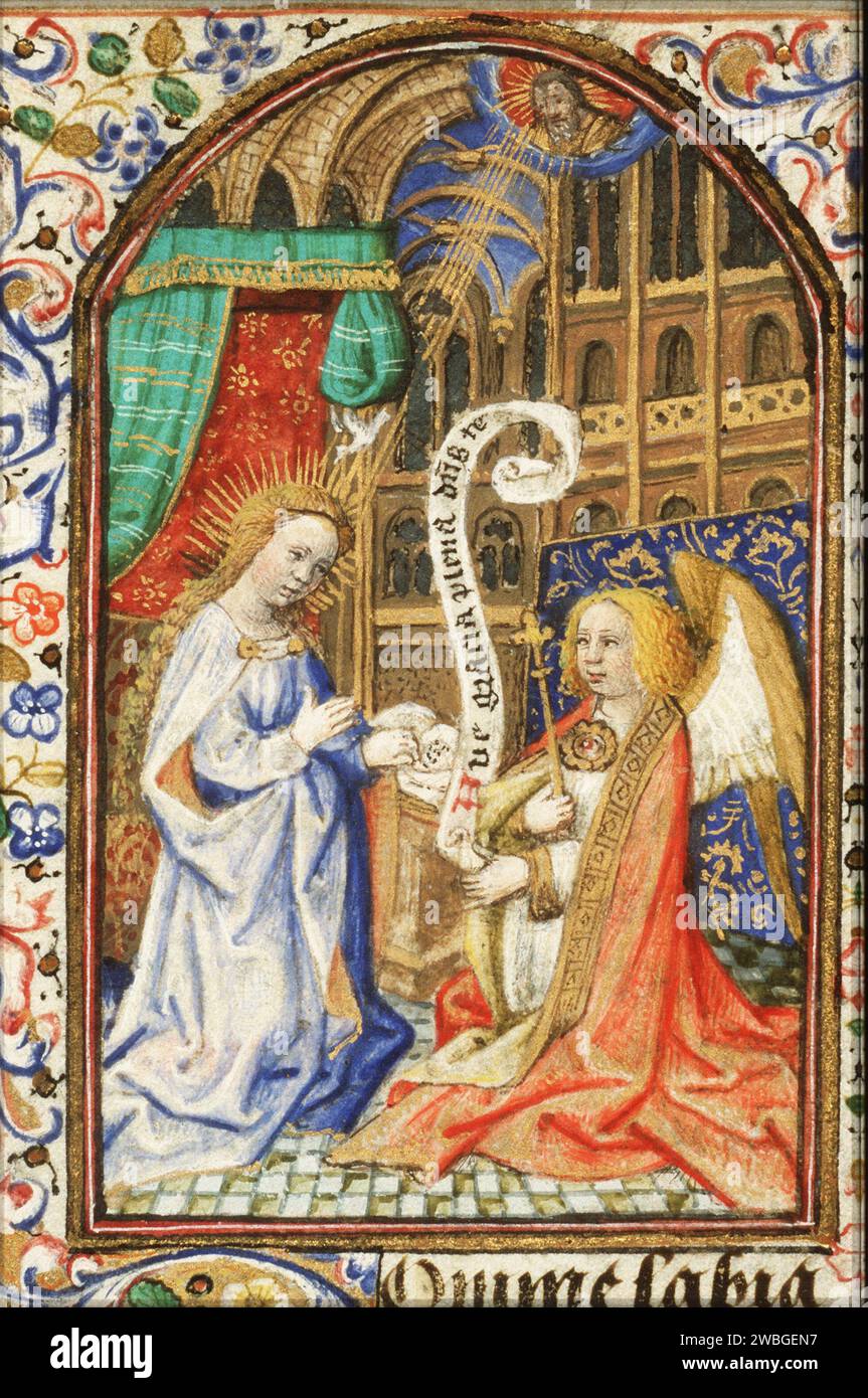Exquisite illuminated pages from the 1455 Book of Hours of Simon de Varie, who was a wealthy court official.  Each page is hand painted, often by reknown artists. These books were extremely expensive and were prized possessions of the very wealthy.  This page shows the annunciation, with archangel Gabriel announcing Chris's birth to Mary. This was painted by Master of Jean Rolin II. Stock Photo