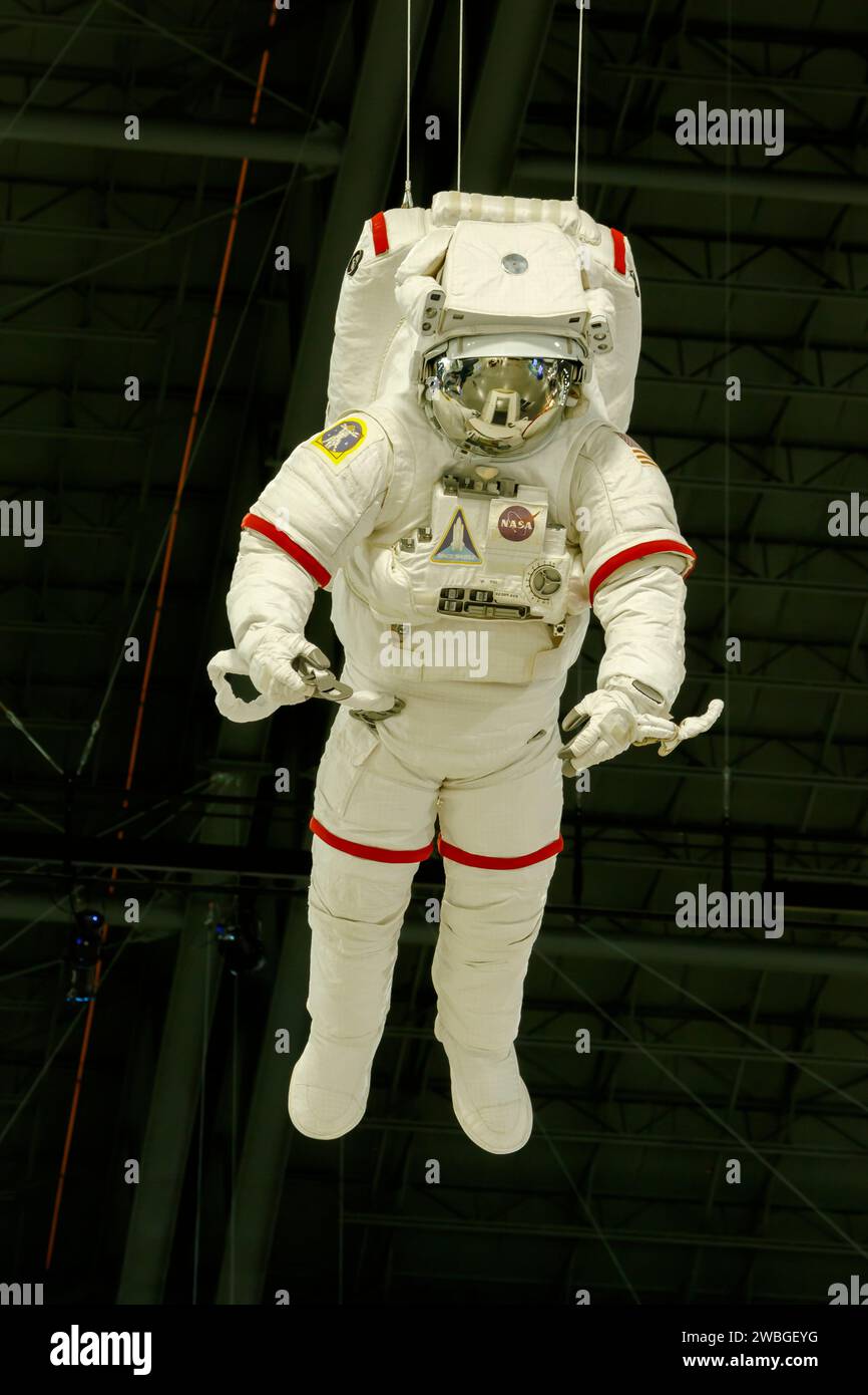 Astronaut Spacesuit suspended from above. The National Museum of the United States Air Force, Dayton, Ohio, USA. Stock Photo