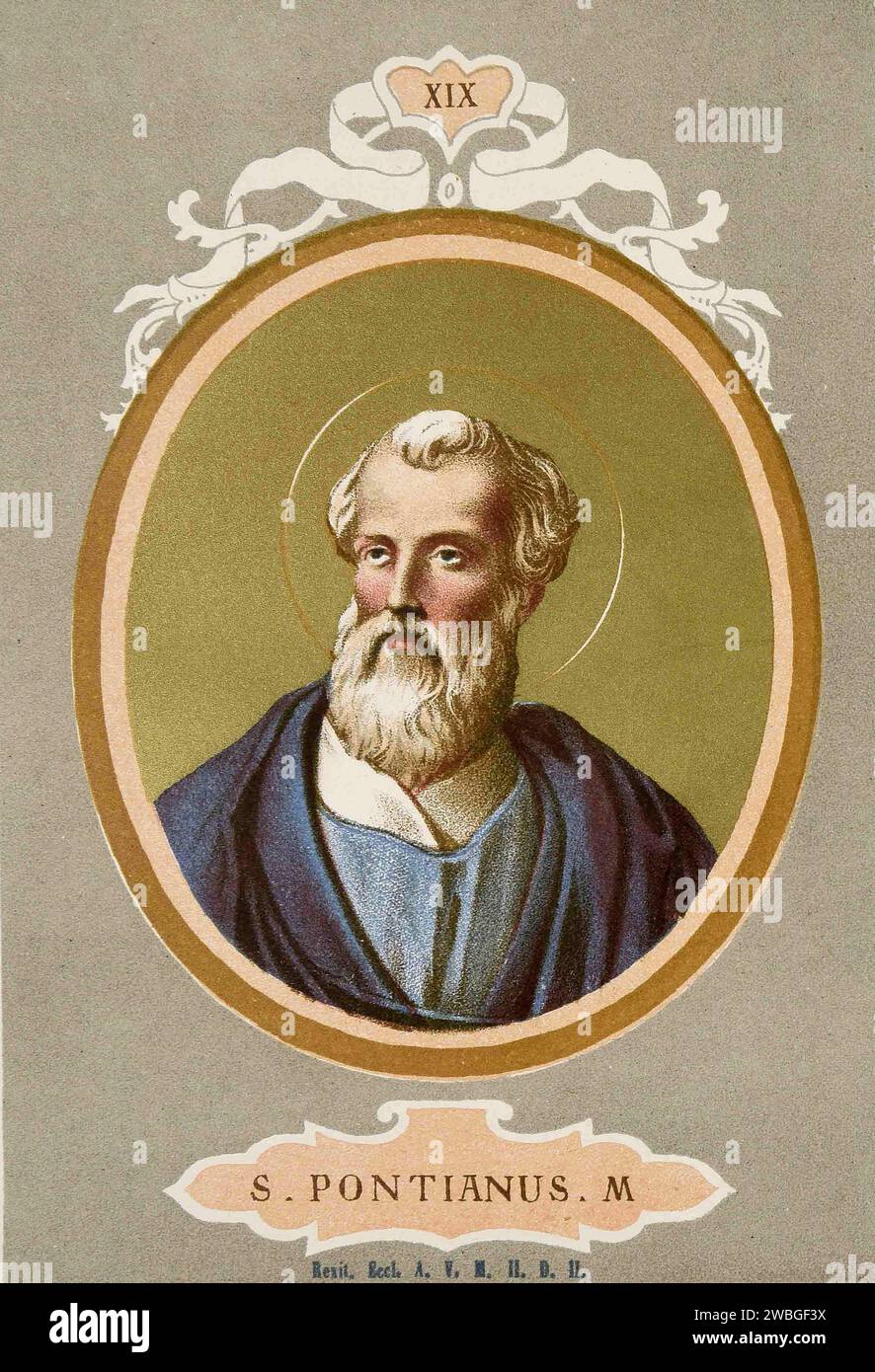 An 1879 engraving of Pope Pontian who was pontiff from AD230 to AD235. He was the eighteenth pope and is the first to have the exact dates of his period in office recorded. He was exiled to Sardinia where he was beaten to death. Before his death he abdicated, allowing the orderly election of a successor. This abdication ended the schism between the papal office and the opposition antipope Hippolytus, who was also exiled to and died on Sardinia. Stock Photo