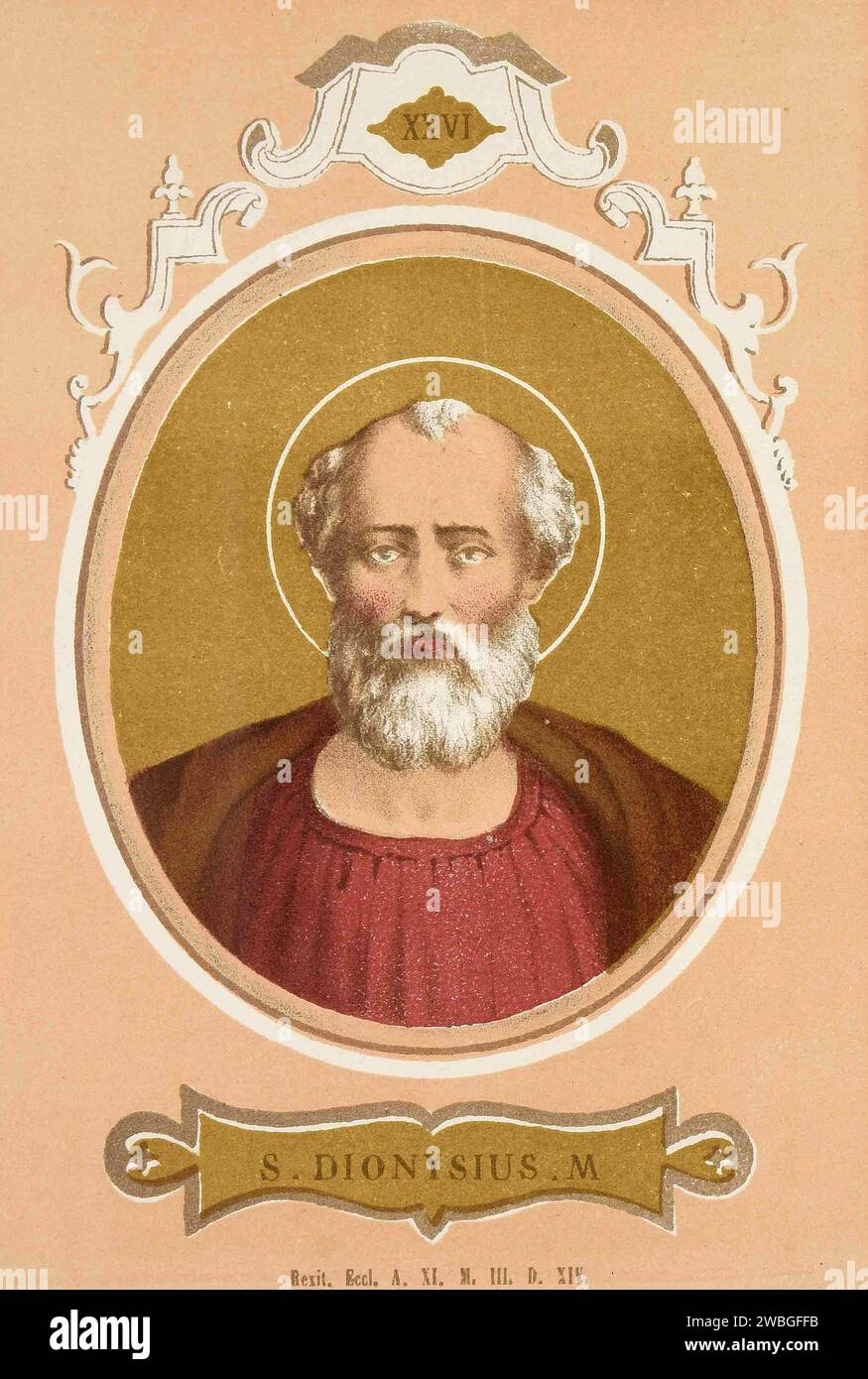 An 1879 engraving of Pope Dionsius who was pontiff from AD259-AD268. He was the 25th pope and was the first pope to hold office in the period of tolerance after the violent persecutions of Emperor Valerian. Stock Photo
