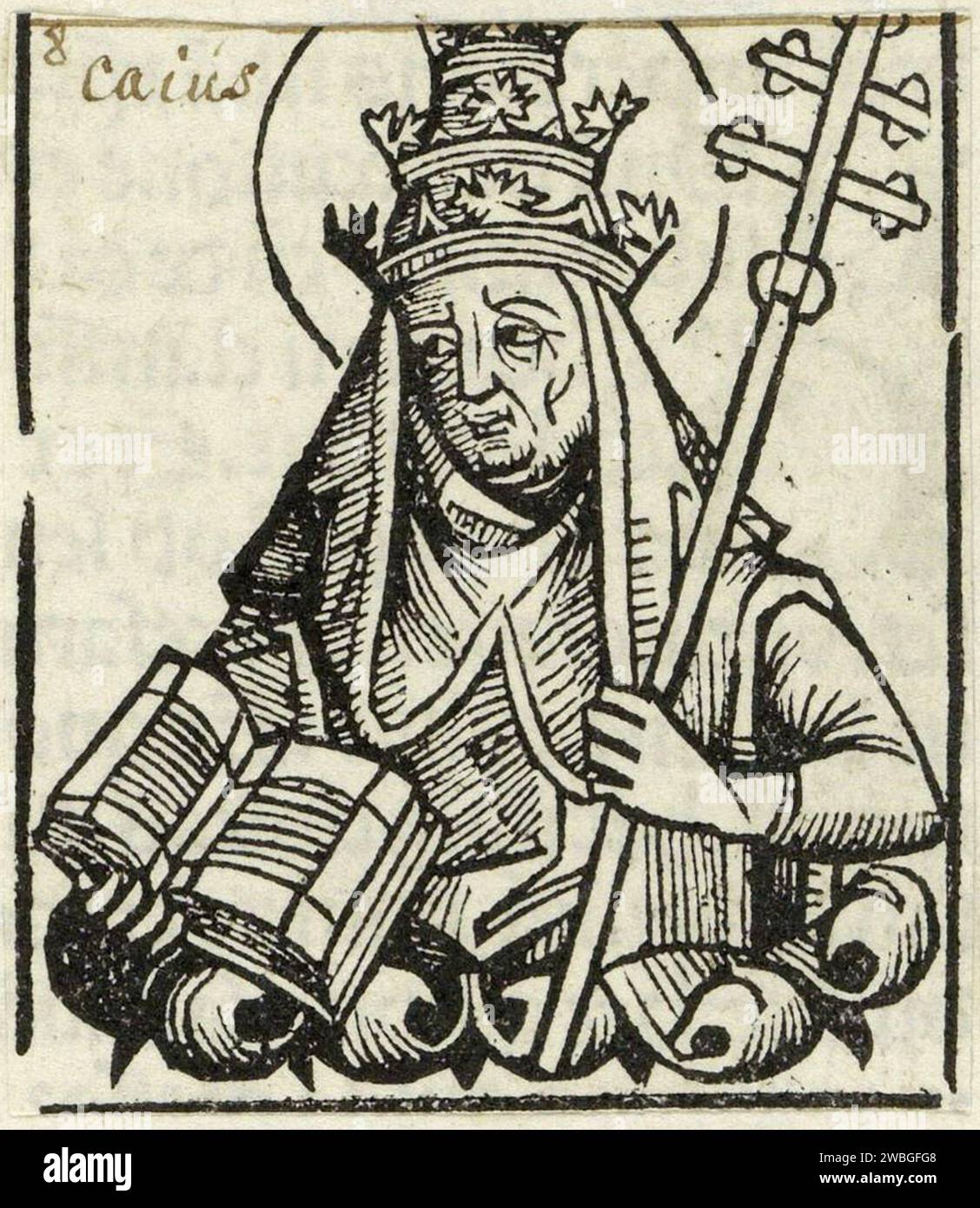 An 1580 engraving of Pope Caius who was pontiff from AD283-AD296. He was the 28th pope. According to legend he was martyred by beheading. Stock Photo