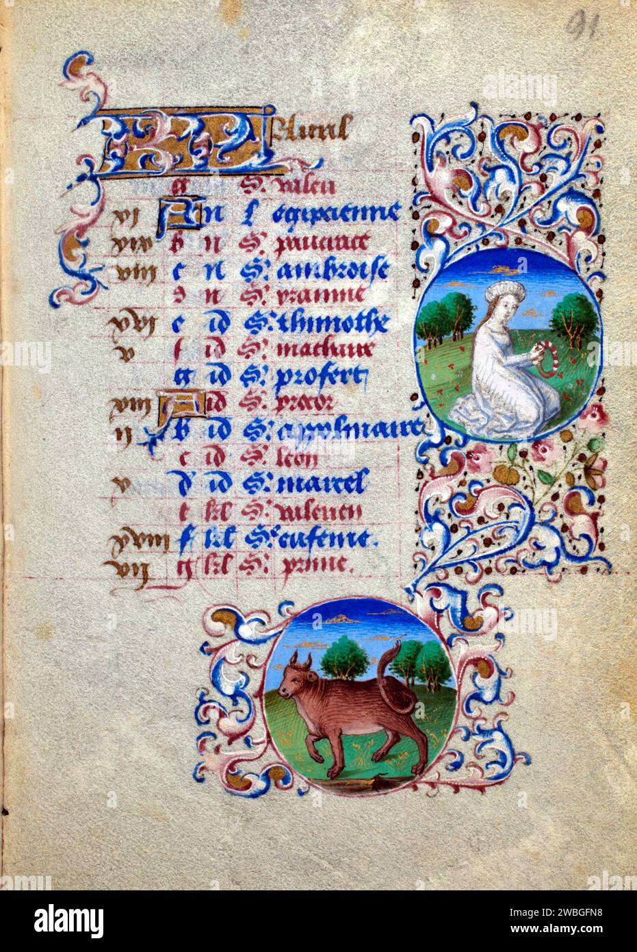 Exquisite illuminated pages from the 1455 Book of Hours of Simon de Varie, who was a wealthy court official.  Each page is hand painted, often by reknown artists. These books were extremely expensive and were prized possessions of the very wealthy.  This page shows a calendar for the month of April. This was painted by Master of Jean Rolin II. Stock Photo