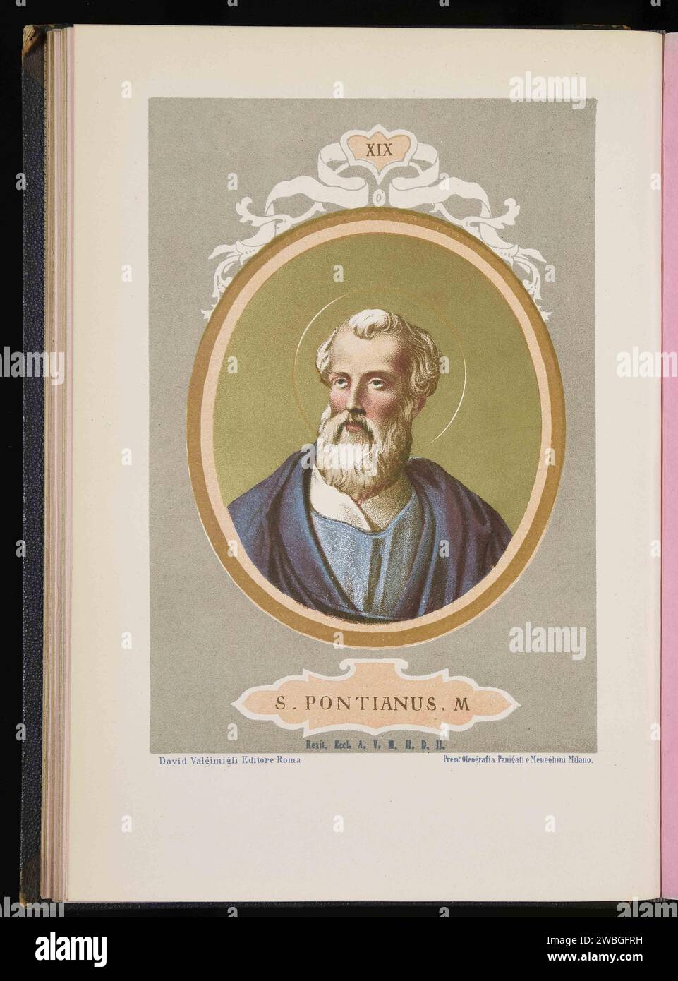 An 1879 engraving of Pope Pontian who was pontiff from AD230 to AD235. He was the eighteenth pope and is the first to have the exact dates of his period in office recorded. He was exiled to Sardinia where he was beaten to death. Before his death he abdicated, allowing the orderly election of a successor. This abdication ended the schism between the papal office and the opposition antipope Hippolytus, who was also exiled to and died on Sardinia. Stock Photo