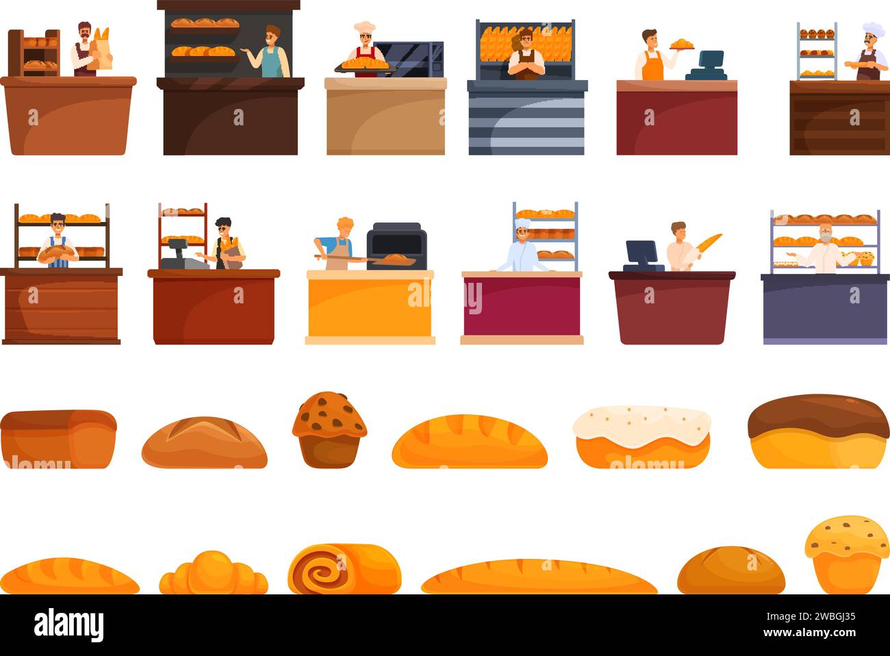 Baker selling bread icons set cartoon vector. People seller. Bakery