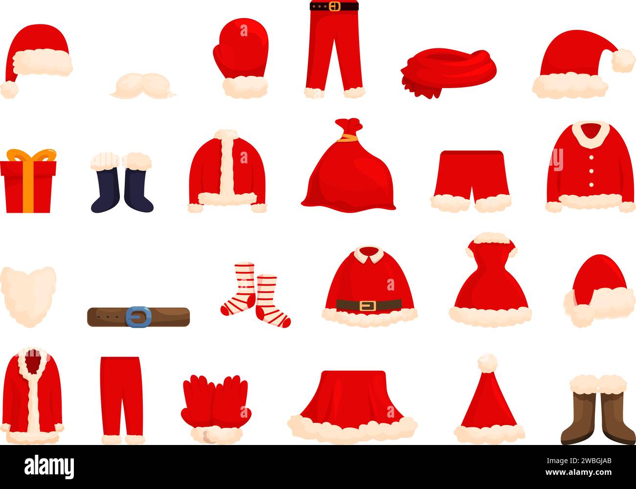 Claus dress suit icons set cartoon vector. Santa clothes. Shoes winter coat Stock Vector