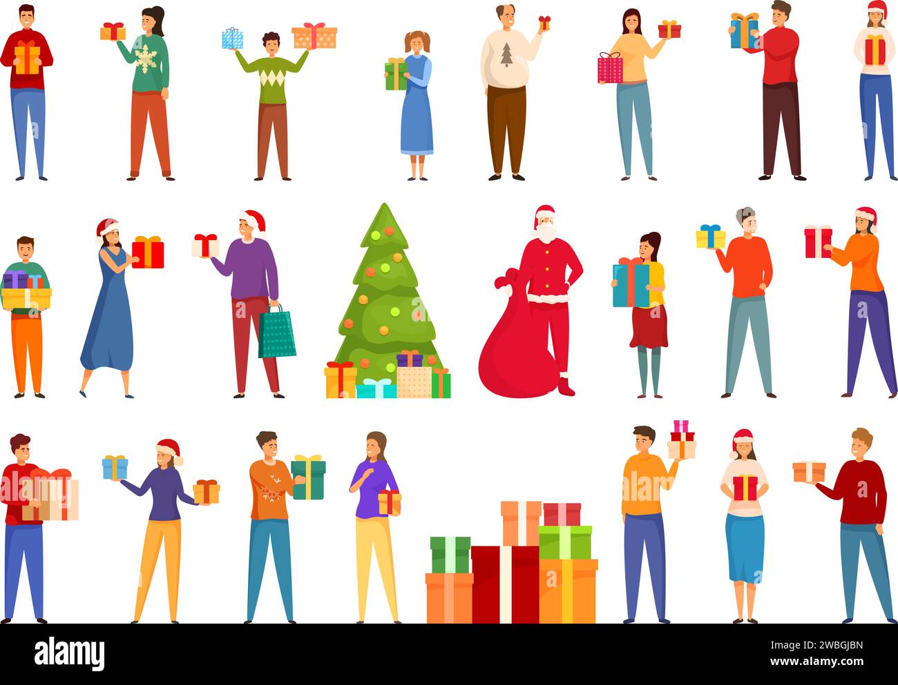 People give christmas presents icons set cartoon vector. Celebrate preparing. Happy fun Stock Vector