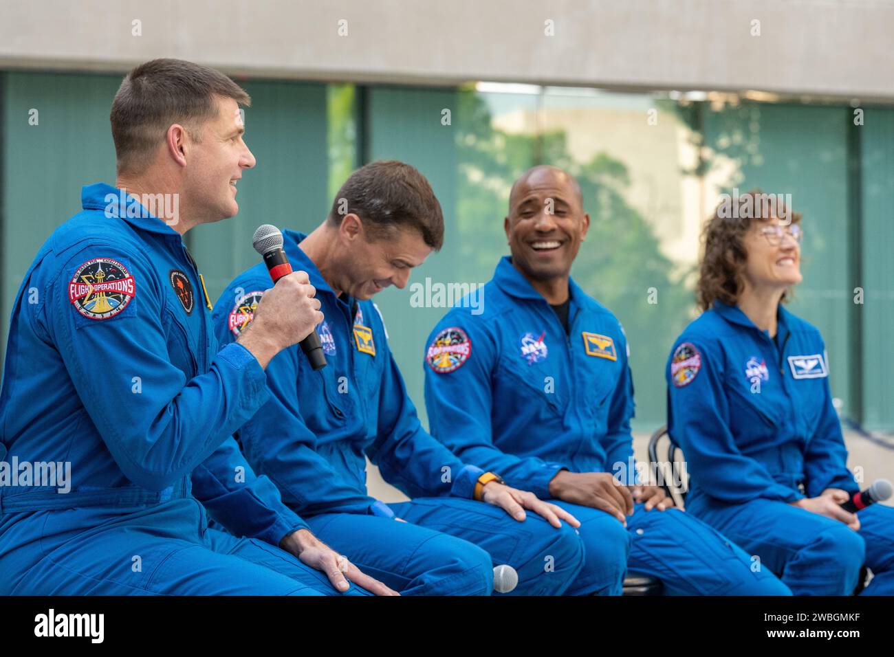 From left to right, CSA (Canadian Space Agency) astronaut Jeremy Hansen, NASA astronauts Reid Wiseman, Victor Glover, and Christina Hammock Koch participate in a media gather, Wednesday, May 17, 2023, outside of the Canadian Embassy in Washington. Wiseman, Glover, Koch, and Hansen, who will fly around the Moon on NASA’s Artemis II flight test, visited Washington to discuss their upcoming mission with members of Congress and others. Photo Credit: (NASA/Keegan Barber) Stock Photo