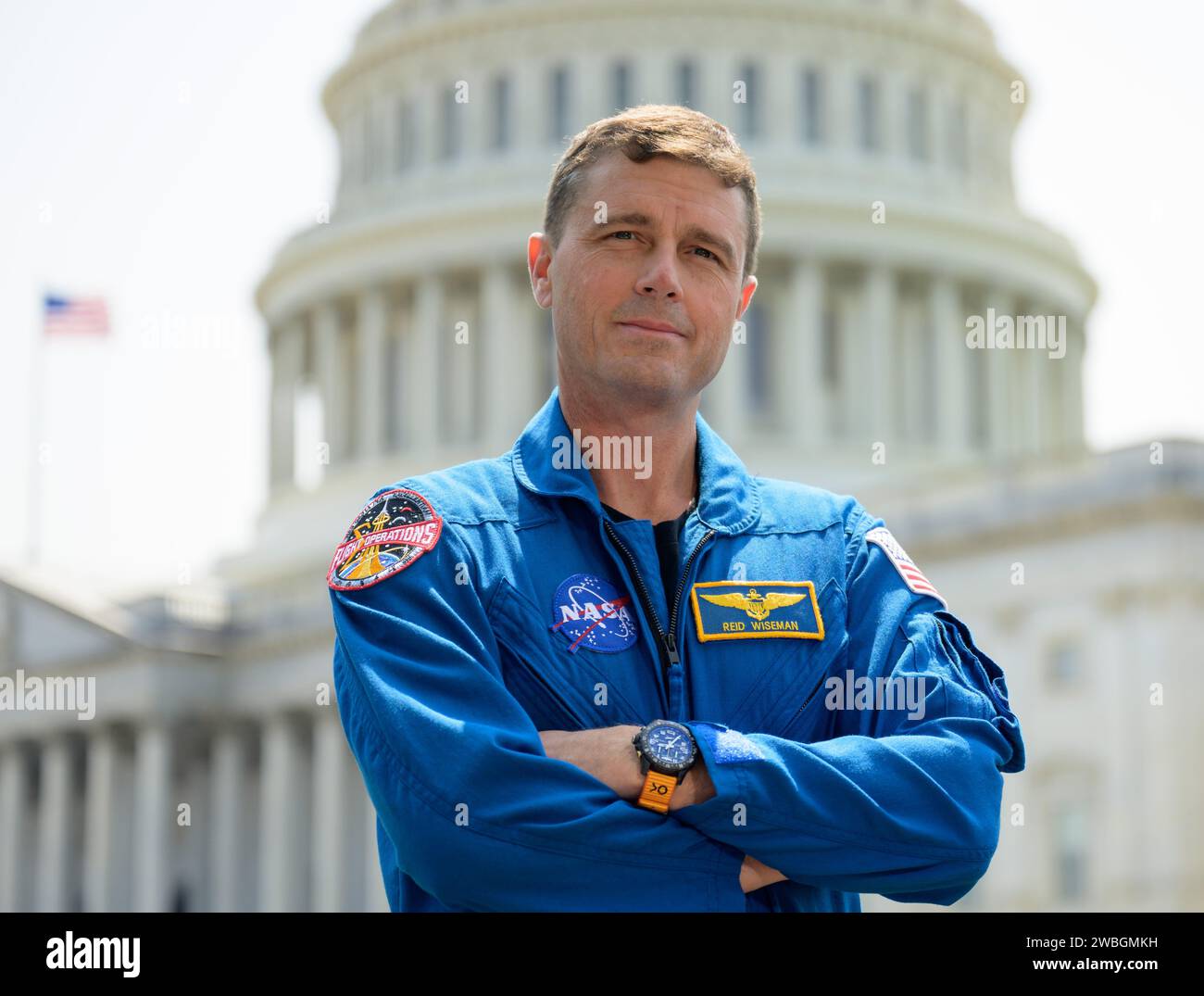 NASA astronaut Reid Wiseman is seen during a media gather, Thursday, May 18, 2023, on Capitol Hill grounds in Washington. Wiseman, along with NASA astronauts Victor Glover, Christina Hammock Koch, and CSA (Canadian Space Agency) astronaut Jeremy Hansen, who will fly around the Moon on NASA’s Artemis II flight test, visited Washington to discuss their upcoming mission with members of Congress and others. Photo Credit: (NASA/Bill Ingalls) Stock Photo