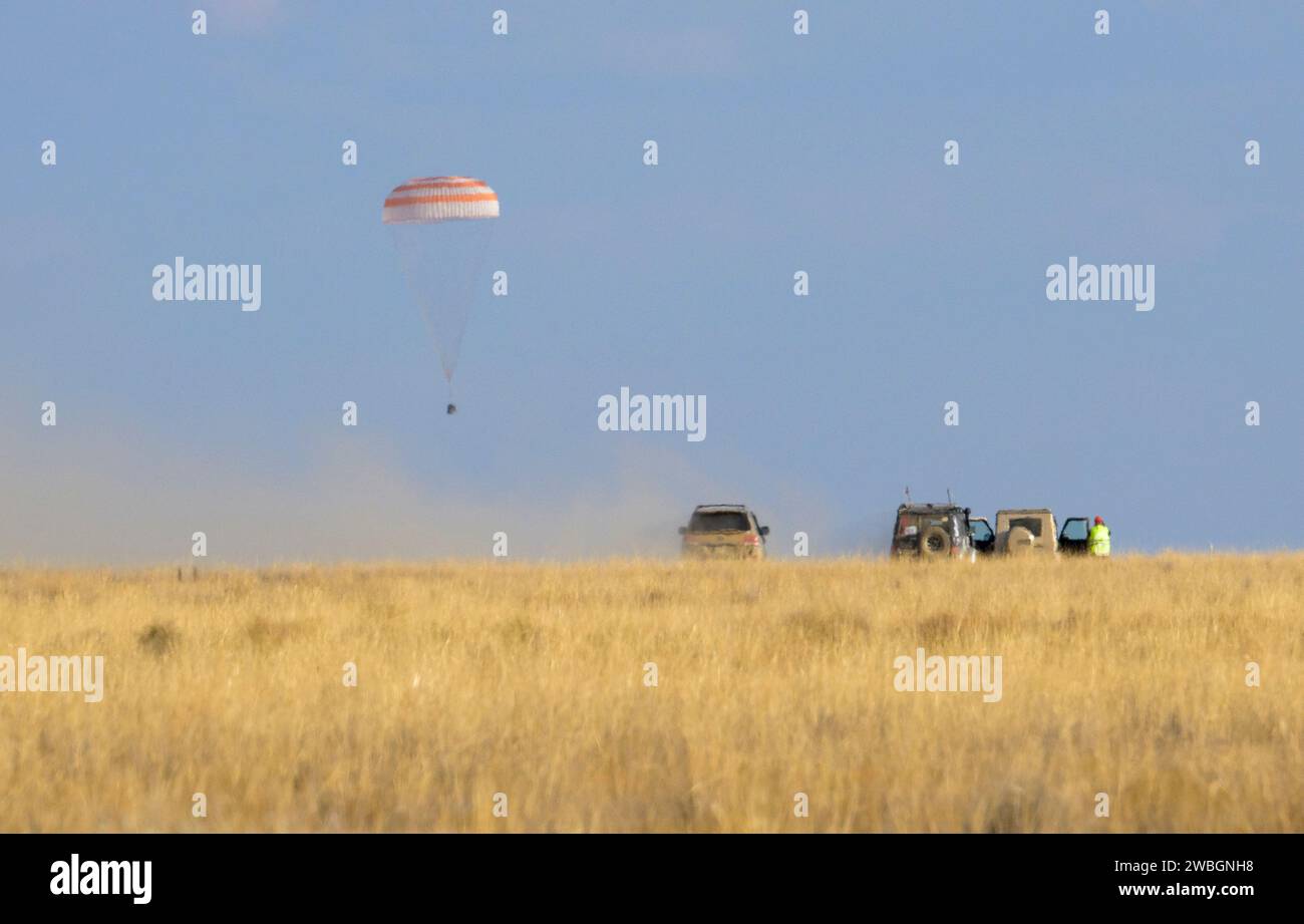 The Soyuz MS-23 spacecraft is seen as it lands in a remote area near the town of Zhezkazgan, Kazakhstan with Expedition 69 NASA astronaut Frank Rubio, Roscosmos cosmonauts Dmitri Petelin and Sergey Prokopyev, Wednesday, Sept. 27, 2023. The trio are returning to Earth after logging 371 days in space as members of Expeditions 68-69 aboard the International Space Station. For Rubio, his mission is the longest single spaceflight by a U.S. astronaut in history. Photo Credit (NASA/Bill Ingalls) Stock Photo