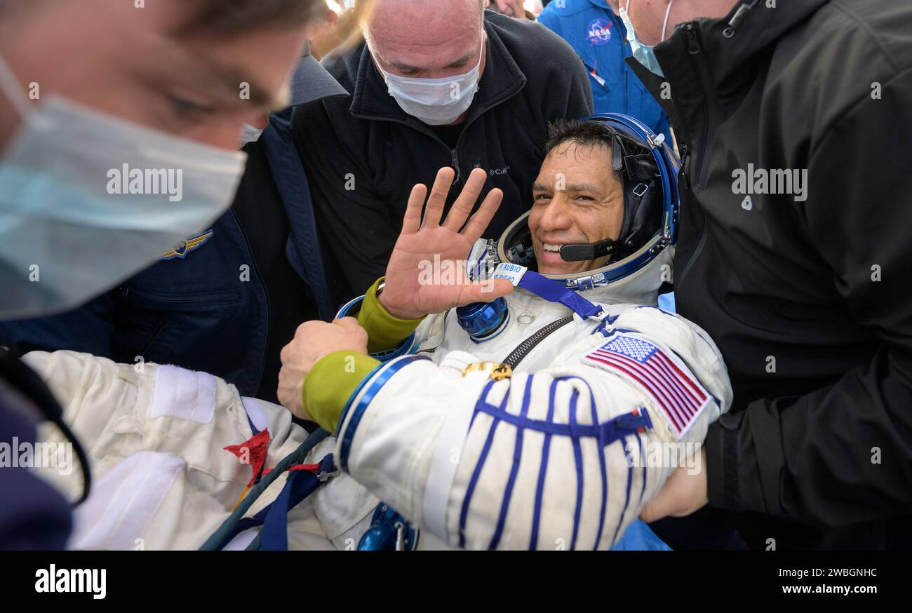 Expedition 69 NASA astronaut Frank Rubio is helped out of the Soyuz MS-23 spacecraft just minutes after he Roscosmos cosmonauts Sergey Prokopyev and Dmitri Petelin, landed in a remote area near the town of Zhezkazgan, Kazakhstan on Wednesday, Sept. 27, 2023. The trio are returning to Earth after logging 371 days in space as members of Expeditions 68-69 aboard the International Space Station. For Rubio, his mission is the longest single spaceflight by a U.S. astronaut in history. Photo Credit: (NASA/Bill Ingalls) Stock Photo
