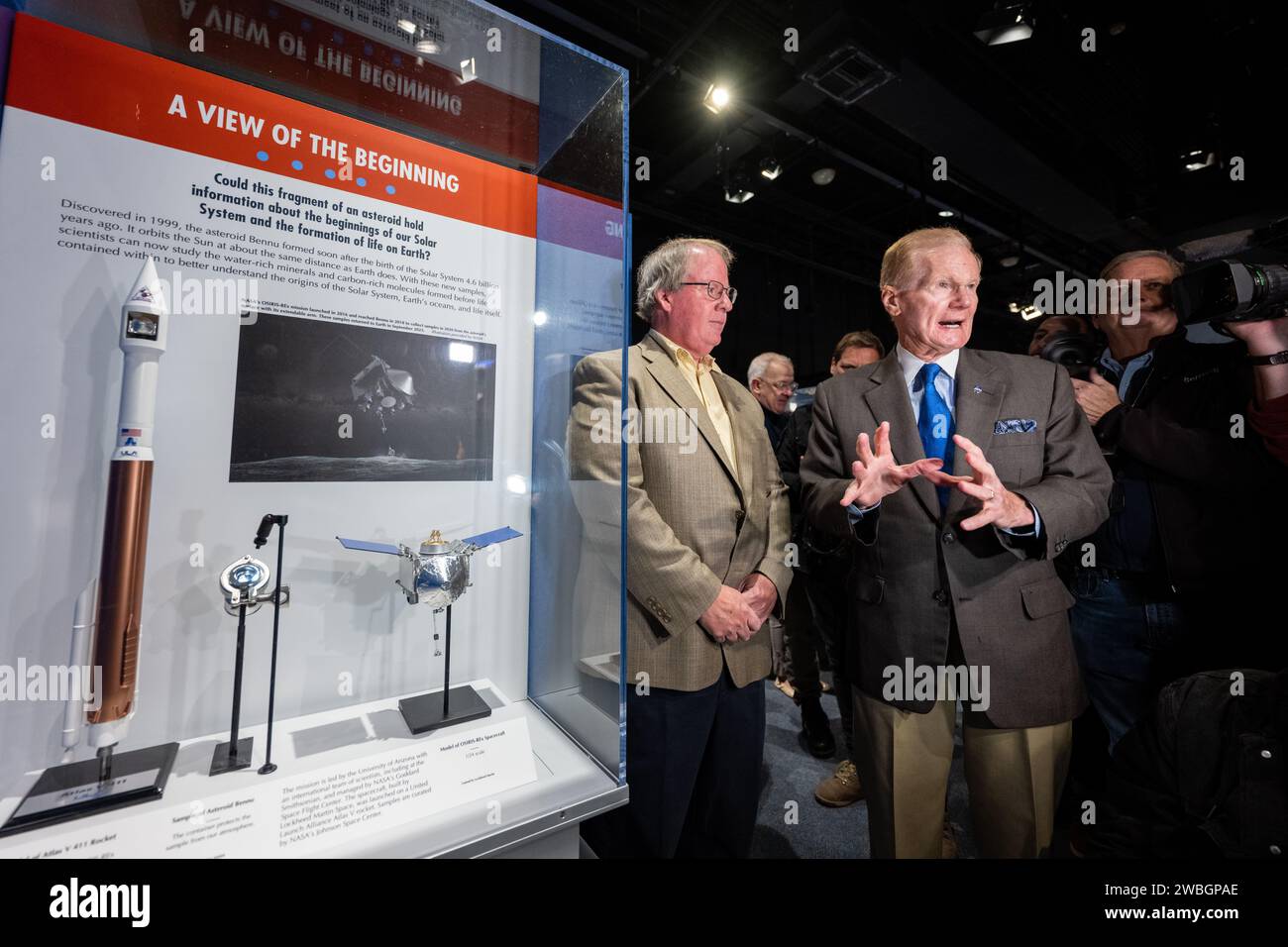 NASA Administrator Bill Nelson speaks to members of the press after unveiling the first public display of a sample from asteroid Bennu, Friday, Nov. 3, 2023, at the Smithsonian’s National Museum of Natural History in Washington. The sample was collected from the carbon rich near Earth asteroid Bennu in October 2020 by NASA’s OSIRIS-REx spacecraft.  Photo Credit: (NASA/Keegan Barber) Stock Photo