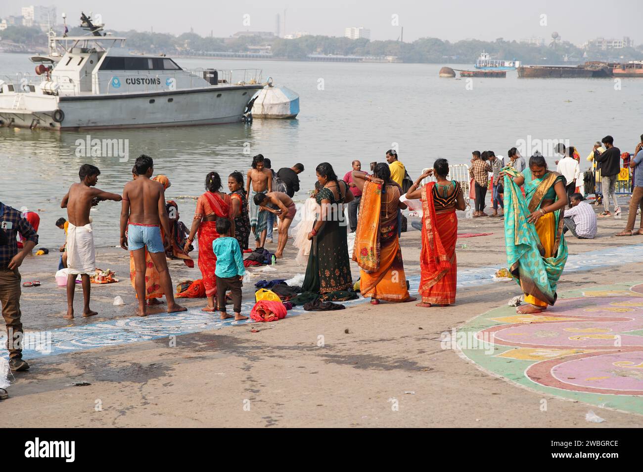 Sadhus and pilgrim have been started coming at the Gangasagar Mela transit camp on their way to the annual Hindu festival at the island in 2024. Stock Photo