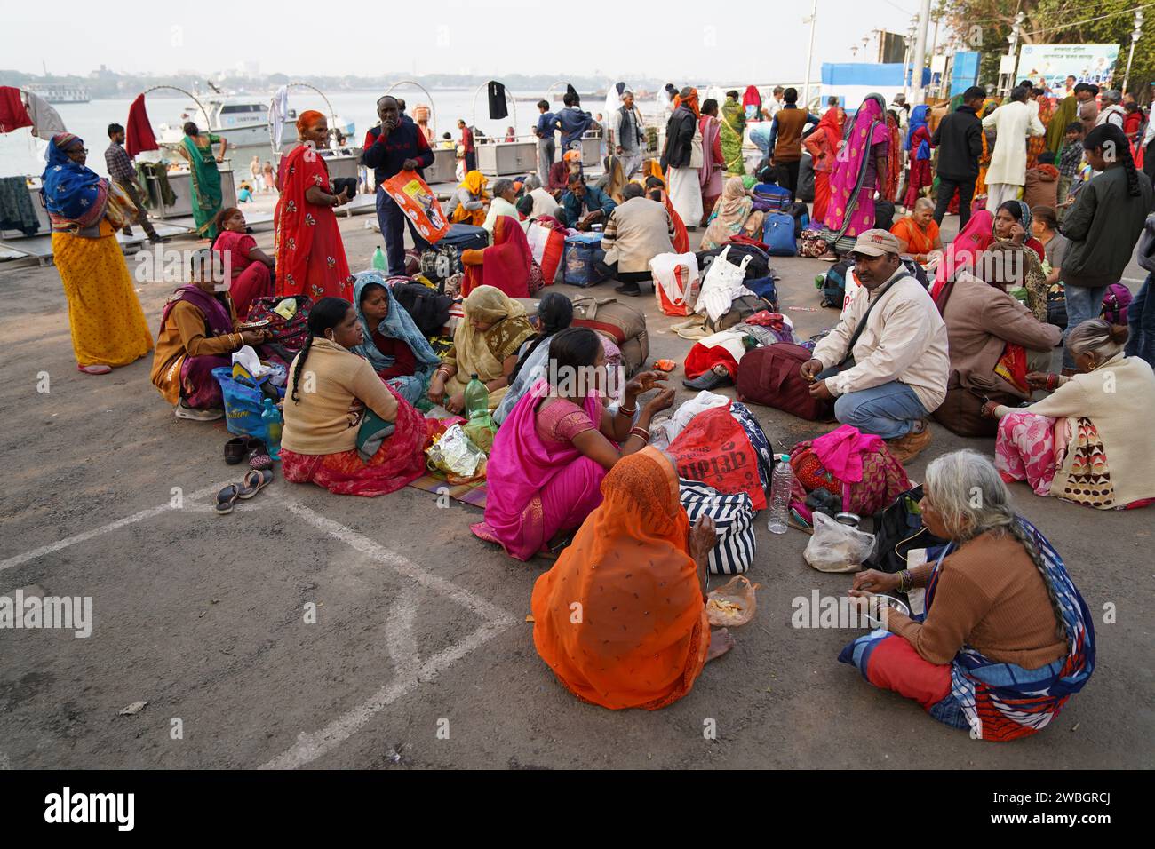 Sadhus and pilgrim have been started coming at the Gangasagar Mela transit camp on their way to the annual Hindu festival at the island in 2024. Stock Photo