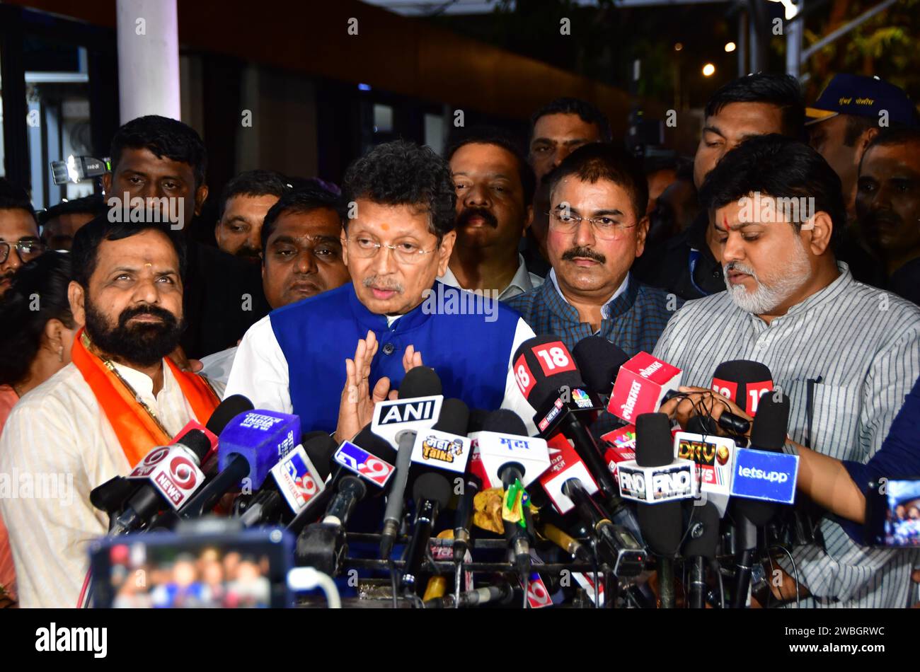 MUMBAI, INDIA - JANUARY 10: Shiv Sena (Shinde faction) MLAs Deepak Kesarkar, Bharat Gogawale, and Uday Samant addressing the media after the verdict in the MLA disqualification case came in their favour, at Vidhan Bhavan on January 10, 2024 in Mumbai, India. The Maharashtra Legislative Assembly Speaker Rahul Narwekar today held that Eknath Shinde led faction was the real Shiv Sena when the rival faction emerged within the party on June 22, 2022. He has refused to disqualify any member from both the factions, led by Shinde and Uddhav Thackeray. Both the factions had filed 34 petitions against Stock Photo