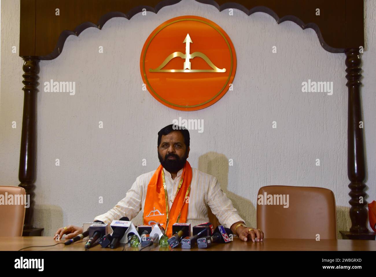 MUMBAI, INDIA - JANUARY 10: Shiv Sena (Shinde faction) MLA Bharat Gogawale speaks to the media after the Shiv Sena MLA disqualification case verdict, at Balasaheb Bhavan on January 10, 2024 in Mumbai, India. The Maharashtra Legislative Assembly Speaker Rahul Narwekar today held that Eknath Shinde led faction was the real Shiv Sena when the rival faction emerged within the party on June 22, 2022. He has refused to disqualify any member from both the factions, led by Shinde and Uddhav Thackeray. Both the factions had filed 34 petitions against each other before the speaker in 2022, seeking the Stock Photo