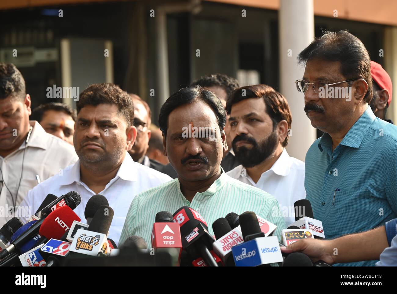 MUMBAI, INDIA - JANUARY 10: Shiv Sena (UBT) MLAs Sunil Prabhu, and Amdadas Danve, addressing the media, at Vidhan Bhavan on January 10, 2024 in Mumbai, India. The Maharashtra Legislative Assembly Speaker Rahul Narwekar today held that Eknath Shinde led faction was the real Shiv Sena when the rival faction emerged within the party on June 22, 2022. He has refused to disqualify any member from both the factions, led by Shinde and Uddhav Thackeray. Both the factions had filed 34 petitions against each other before the speaker in 2022, seeking the disqualification of 54 MLAs in total. (Photo by B Stock Photo