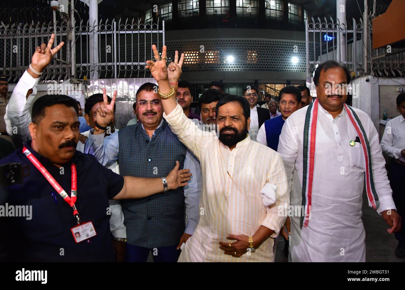 MUMBAI, INDIA - JANUARY 10: Shiv Sena (Shinde faction) MLAs celebrate after the verdict in the MLA disqualification case came in their favour, at Vidhan Bhavan on January 10, 2024 in Mumbai, India. The Maharashtra Legislative Assembly Speaker Rahul Narwekar today held that Eknath Shinde led faction was the real Shiv Sena when the rival faction emerged within the party on June 22, 2022. He has refused to disqualify any member from both the factions, led by Shinde and Uddhav Thackeray. Both the factions had filed 34 petitions against each other before the speaker in 2022, seeking the disqualifi Stock Photo