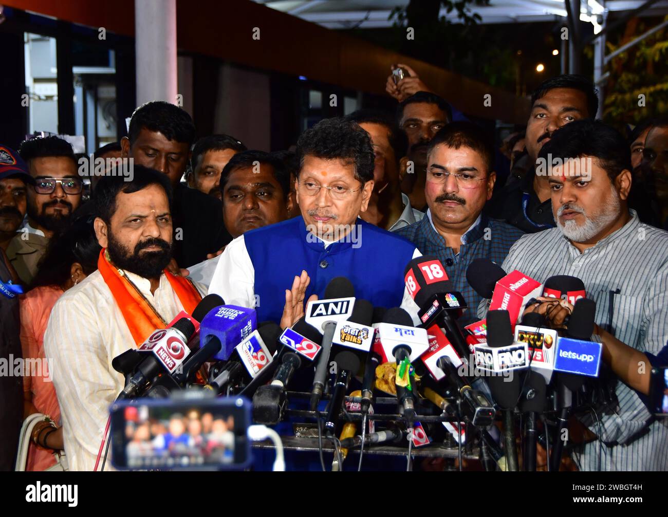 MUMBAI, INDIA - JANUARY 10: Shiv Sena (Shinde faction) MLAs Deepak Kesarkar, Bharat Gogawale, and Uday Samant addressing the media after the verdict in the MLA disqualification case came in their favour, at Vidhan Bhavan on January 10, 2024 in Mumbai, India. The Maharashtra Legislative Assembly Speaker Rahul Narwekar today held that Eknath Shinde led faction was the real Shiv Sena when the rival faction emerged within the party on June 22, 2022. He has refused to disqualify any member from both the factions, led by Shinde and Uddhav Thackeray. Both the factions had filed 34 petitions against Stock Photo
