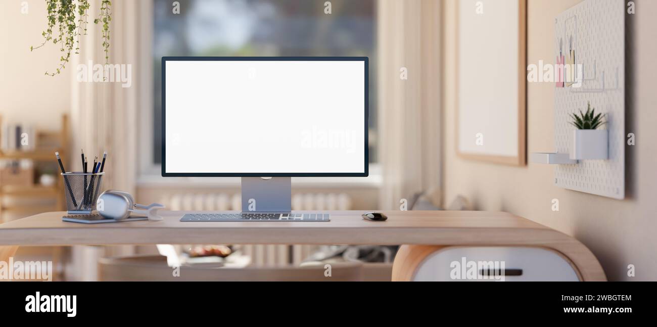 A modern, minimal home workspace in a living room with a white-screen ...