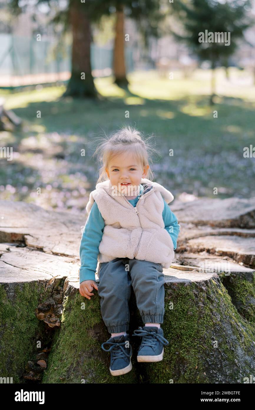 Smiling little girl sitting on stump in spring sunny park Stock Photo ...
