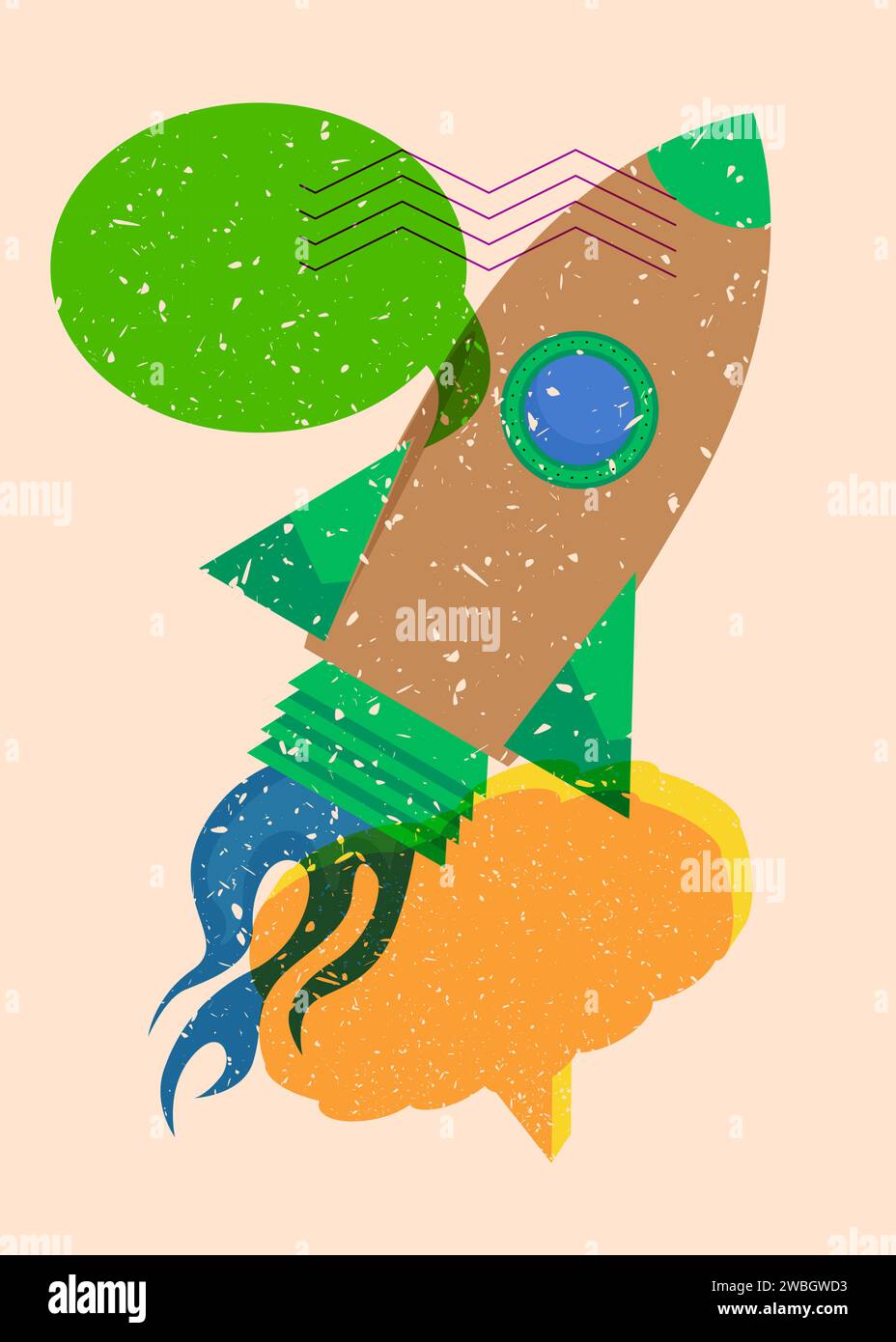 Risograph Rocketship with speech bubble with geometric shapes. Objects in trendy riso graph print texture style design with geometry elements. Stock Vector