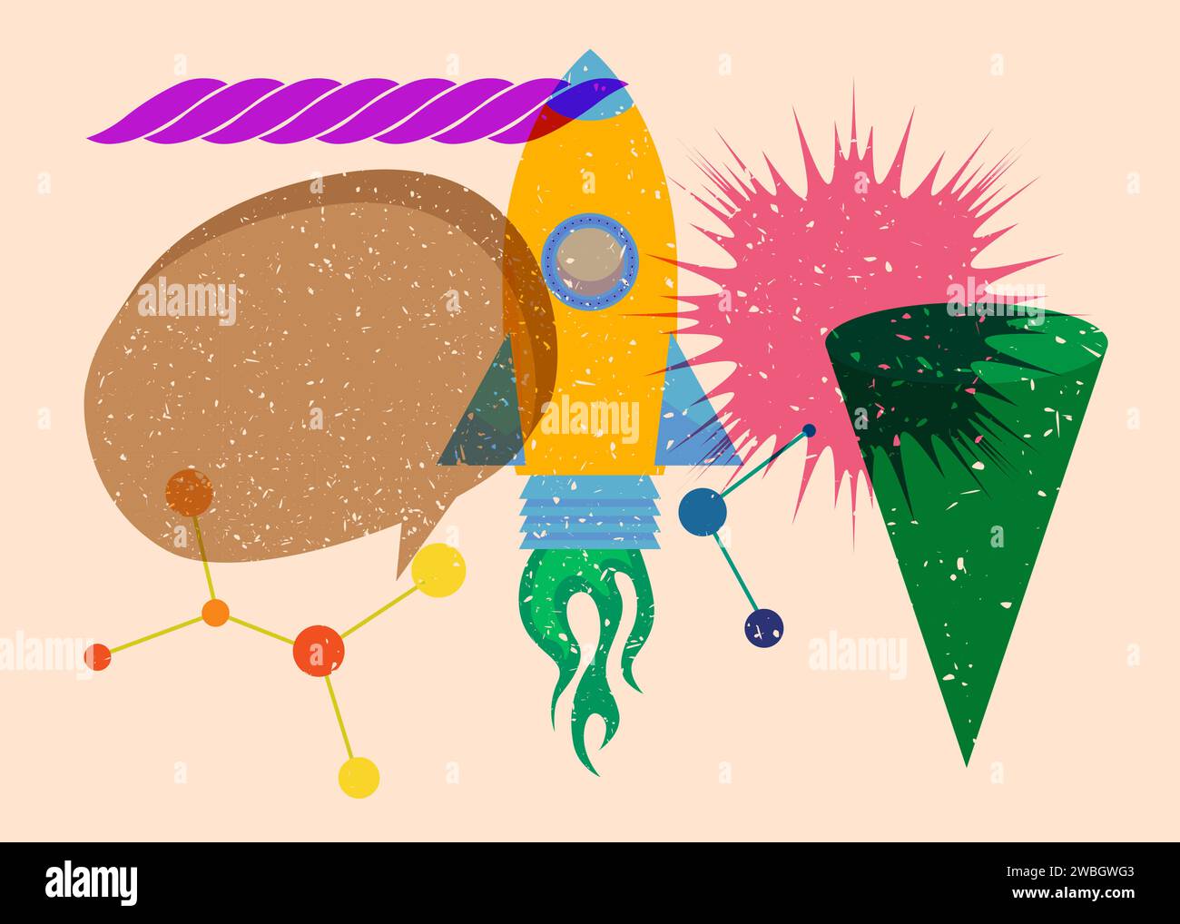 Risograph Rocketship with speech bubble with geometric shapes. Objects in trendy riso graph print texture style design with geometry elements. Stock Vector