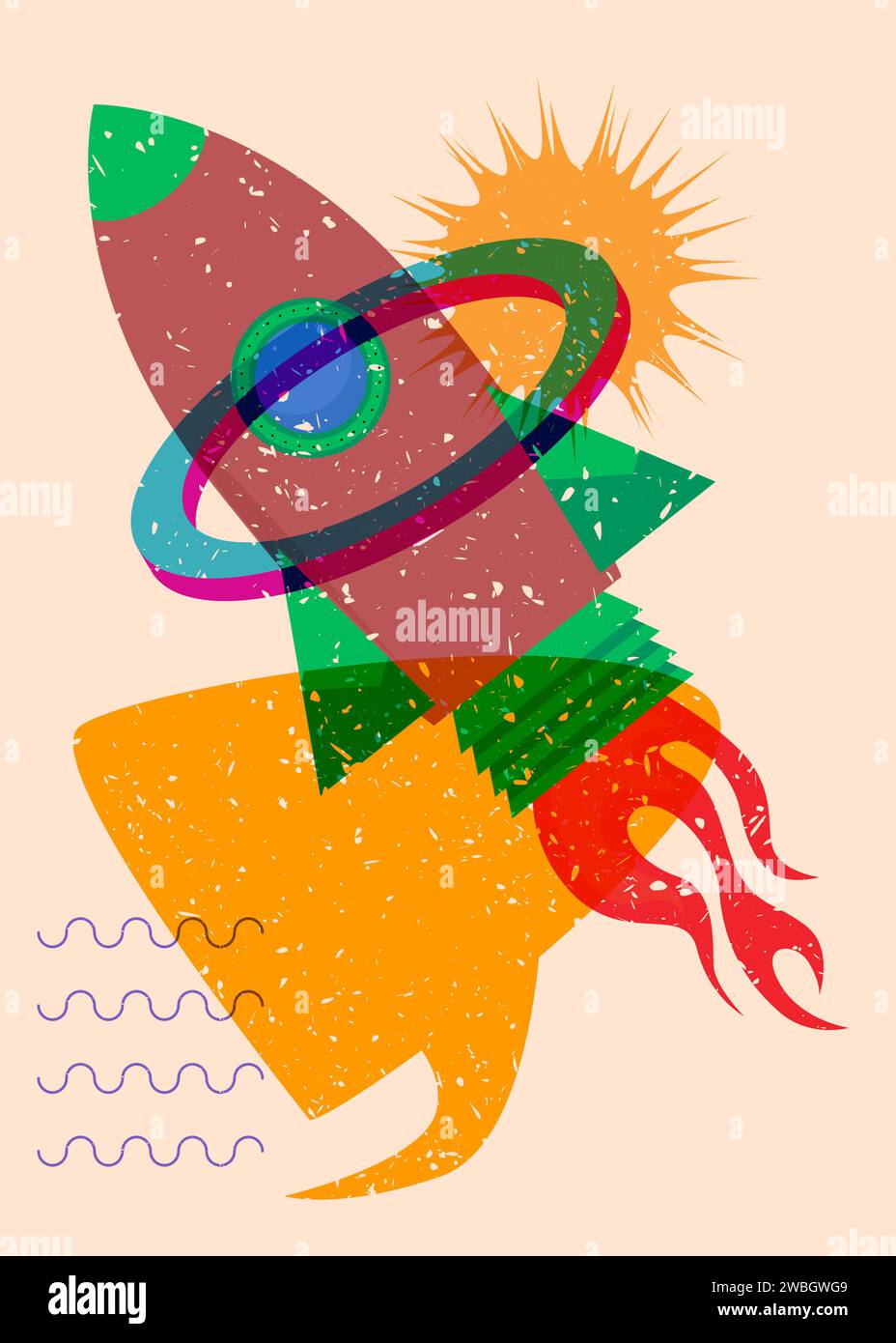 Risograph Rocketship with speech bubble with geometric shapes. Objects in trendy riso graph print texture style design with geometry elements. Stock Vector