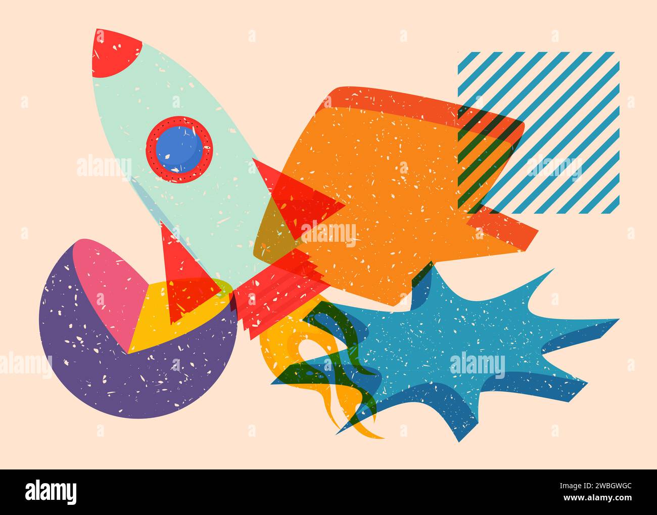Risograph Rocketship with speech bubble with geometric shapes. Objects in trendy riso graph print texture style design with geometry elements. Stock Vector
