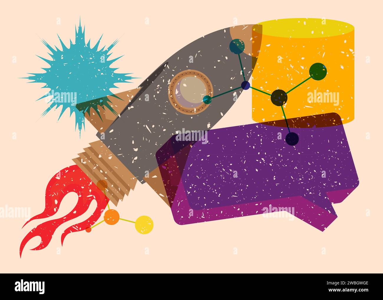 Risograph Rocketship with speech bubble with geometric shapes. Objects in trendy riso graph print texture style design with geometry elements. Stock Vector