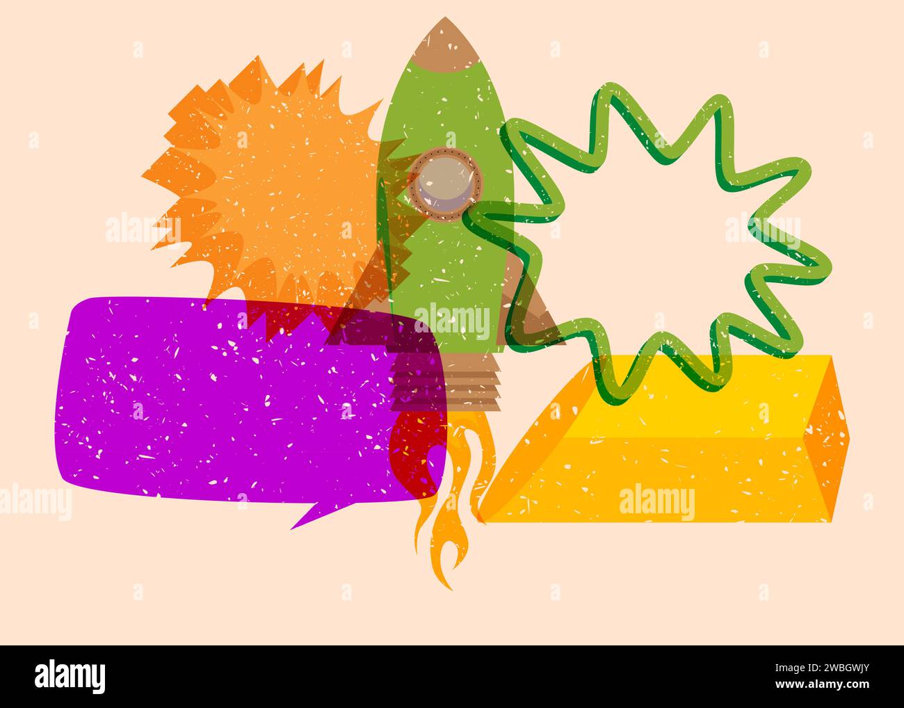 Risograph Rocketship with speech bubble with geometric shapes. Objects in trendy riso graph print texture style design with geometry elements. Stock Vector