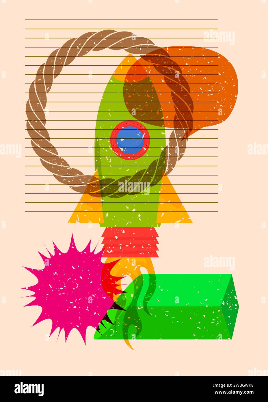 Risograph Rocketship with speech bubble with geometric shapes. Objects in trendy riso graph print texture style design with geometry elements. Stock Vector