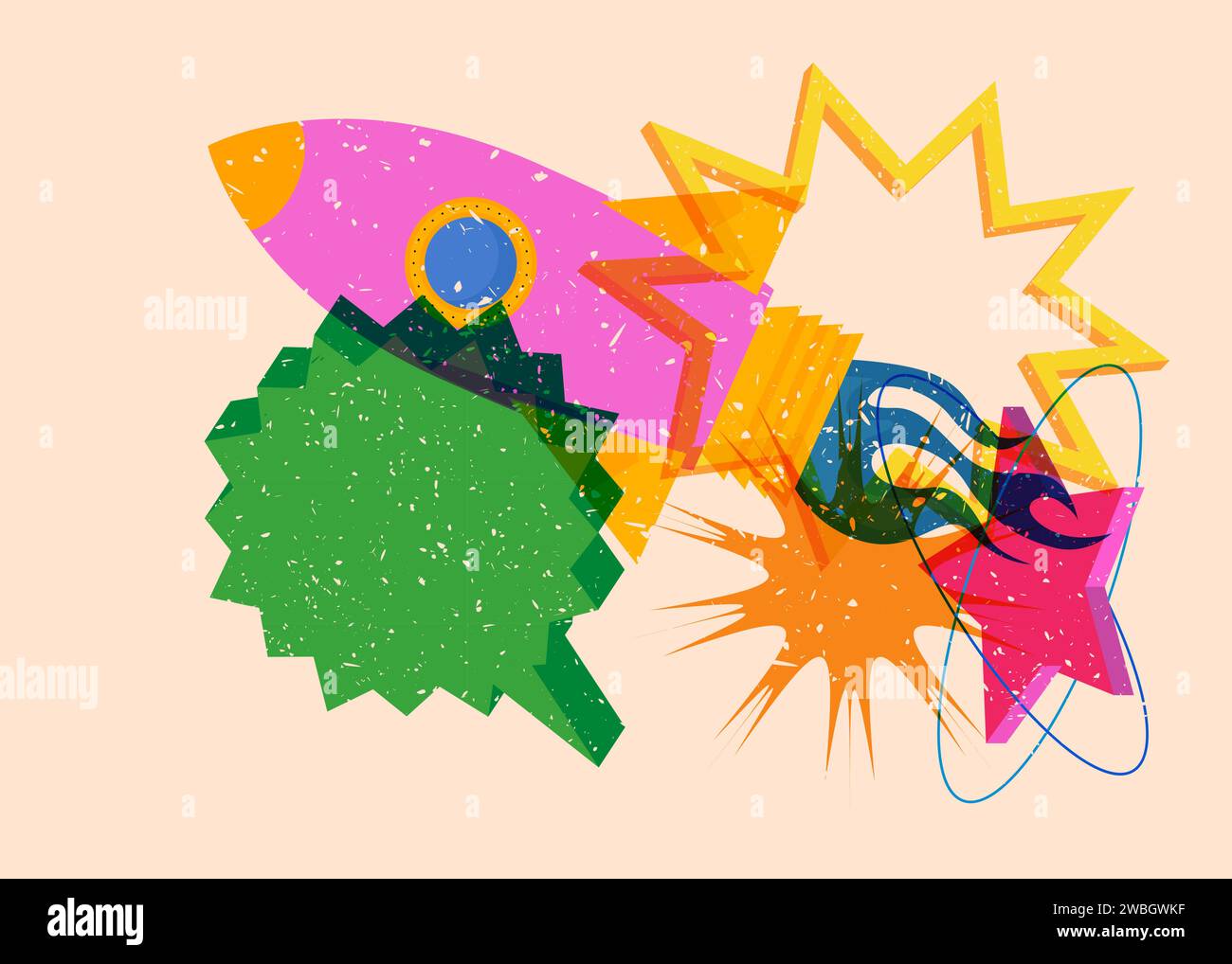 Risograph Rocketship with speech bubble with geometric shapes. Objects in trendy riso graph print texture style design with geometry elements. Stock Vector