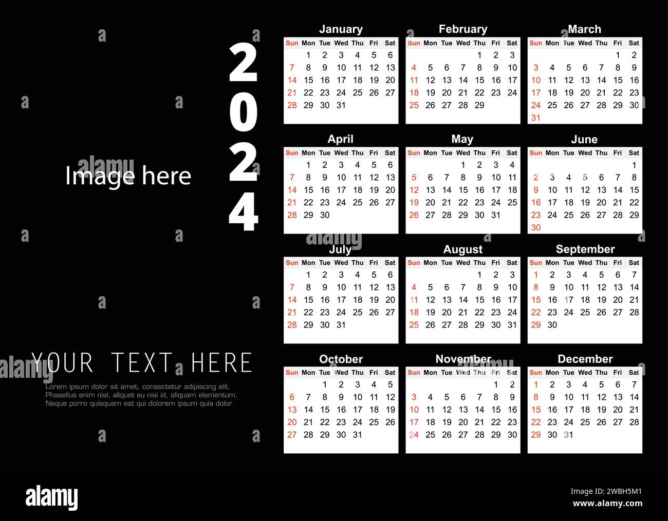 Quarter calendar template for 2024 year. Wall calendar grid in a