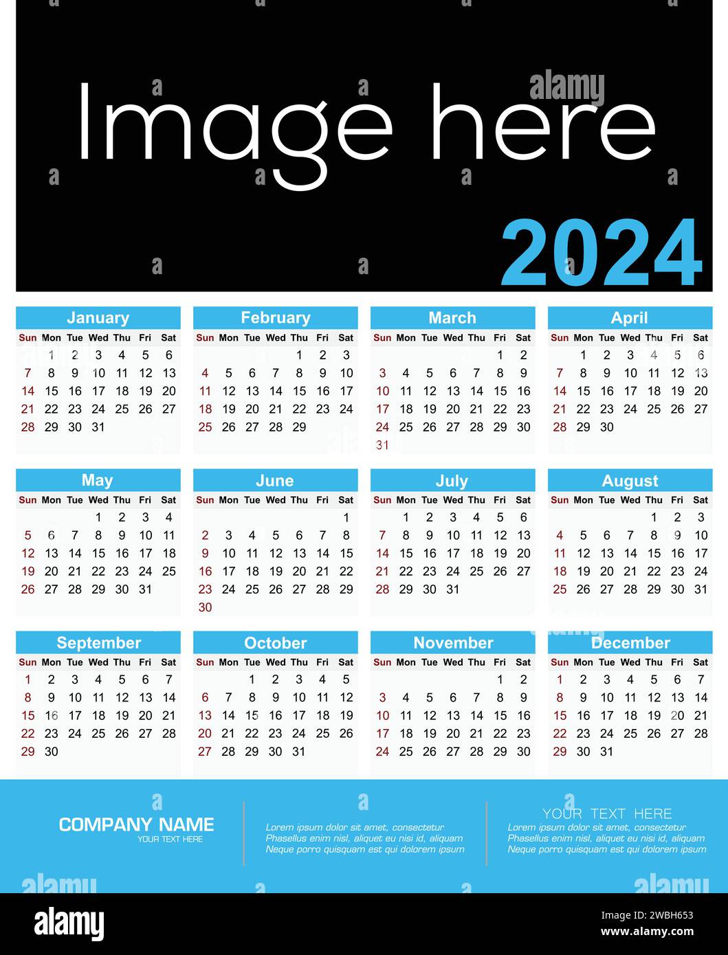 Quarter calendar template for 2024 year. Wall calendar grid in a