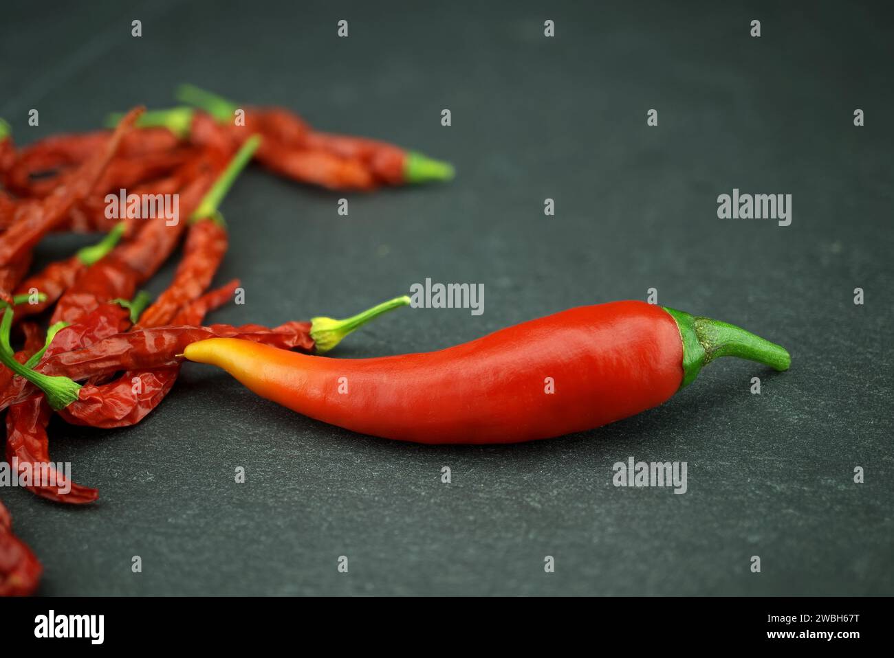 Fresh and dried whole red hot chili peppers. Spicy food concept Stock ...