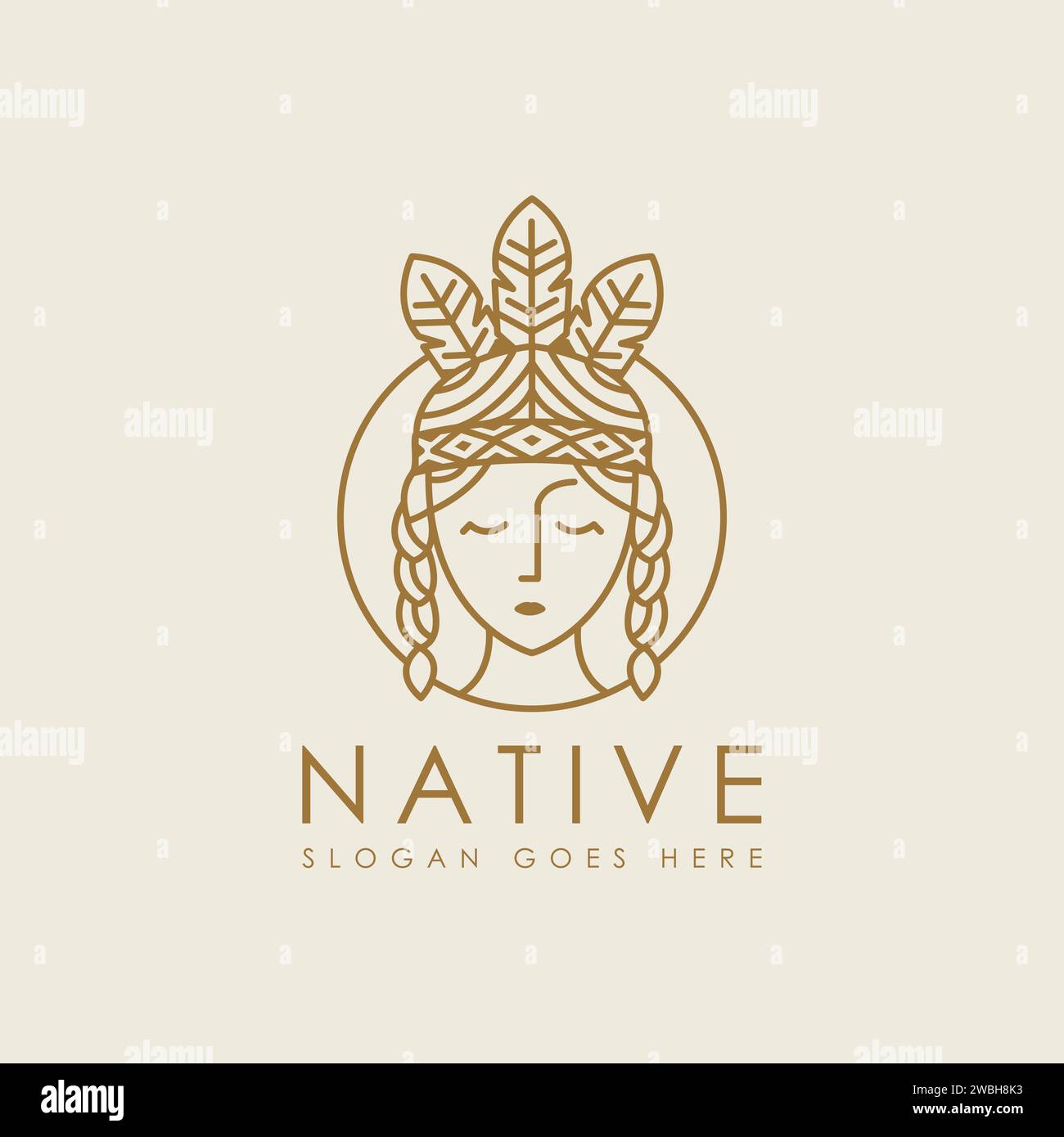 Line art female native american indian logo icon vector illustration on dark background Stock Vector