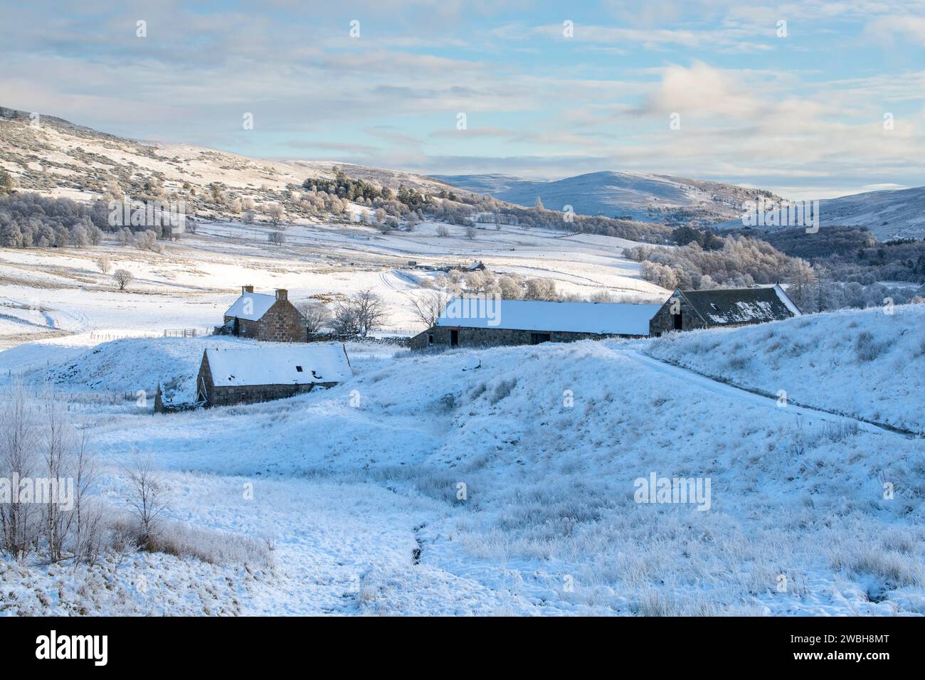 Richarkarie Cottage in winter snow, Glengairn, Ballater. Cairngorms, Highlands, Scotland Stock Photo