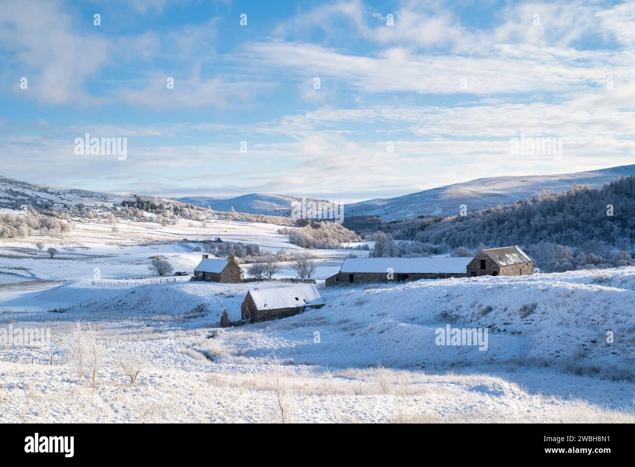 Richarkarie Cottage in winter snow, Glengairn, Ballater. Cairngorms, Highlands, Scotland Stock Photo