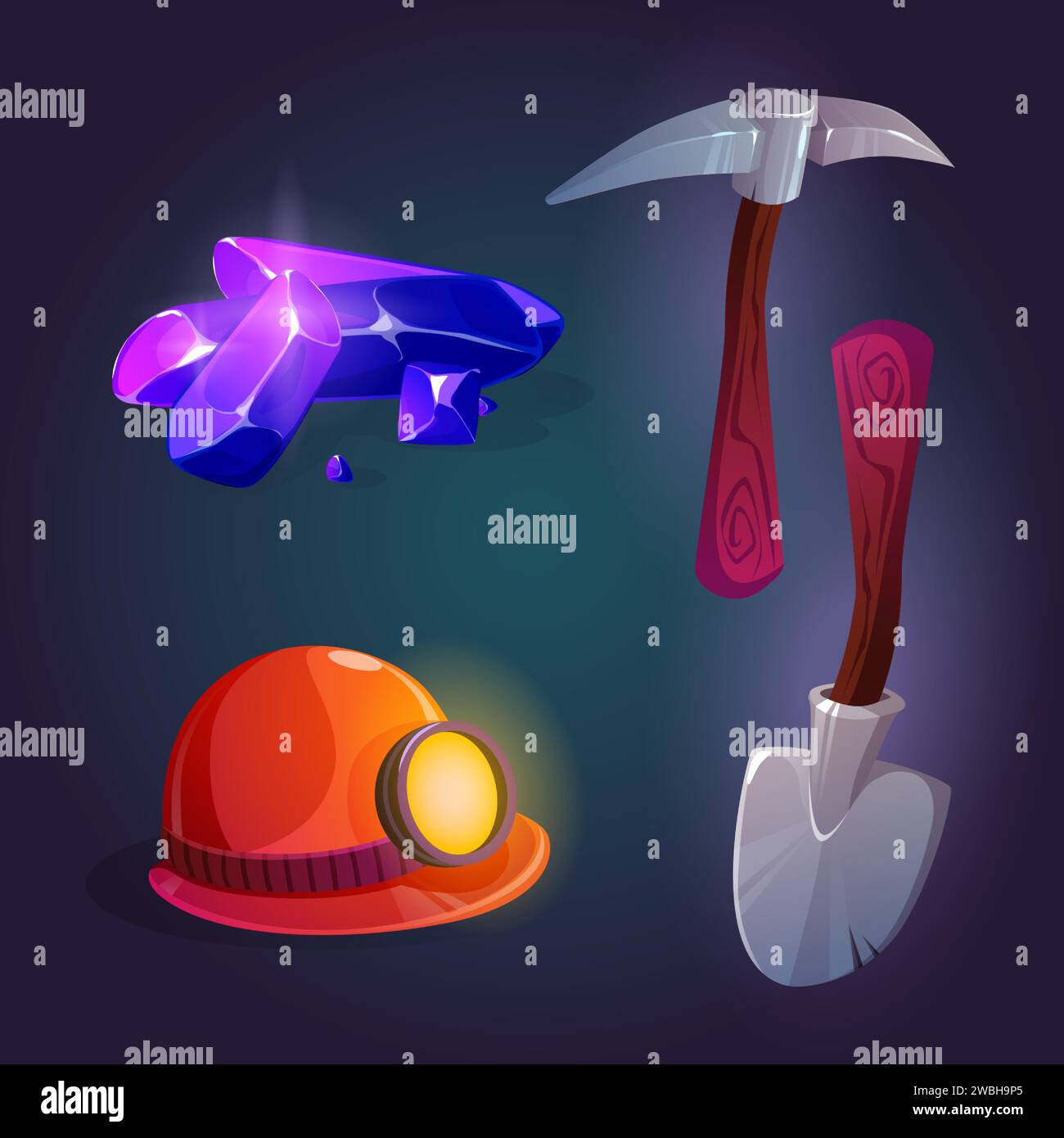 Set of mining game assets isolated on background. Vector cartoon illustration of miner instruments and pile of purple minerals, old metal shovel and pickaxe, helmet with headlamp, looting tools Stock Vector