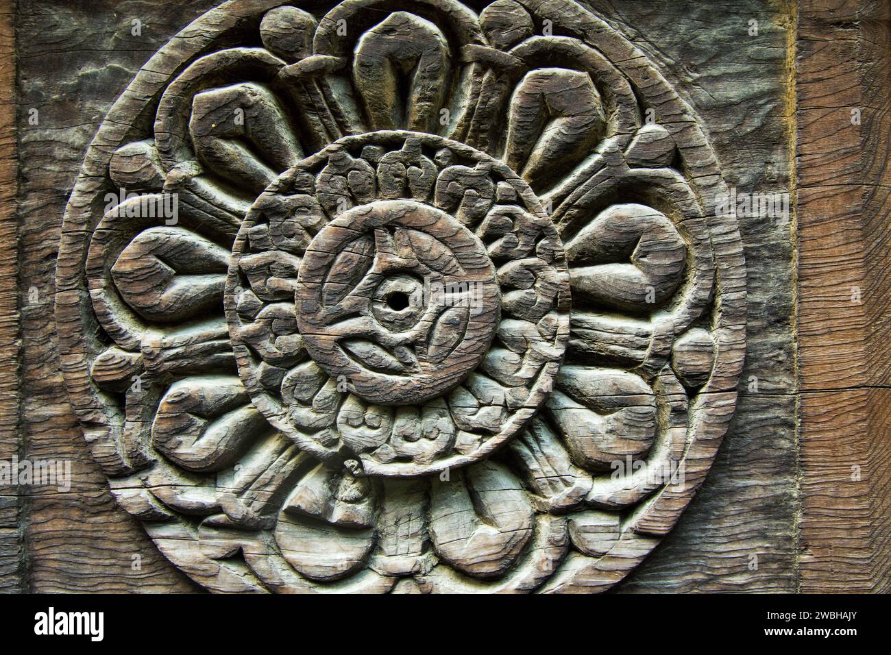 Wood  carving, Tripura Sundri Hindu Temple, Tripura Sundri Mandir, Naggar Castle Road, Naggar, Kullu, Himachal Pradesh, India, Asia Stock Photo