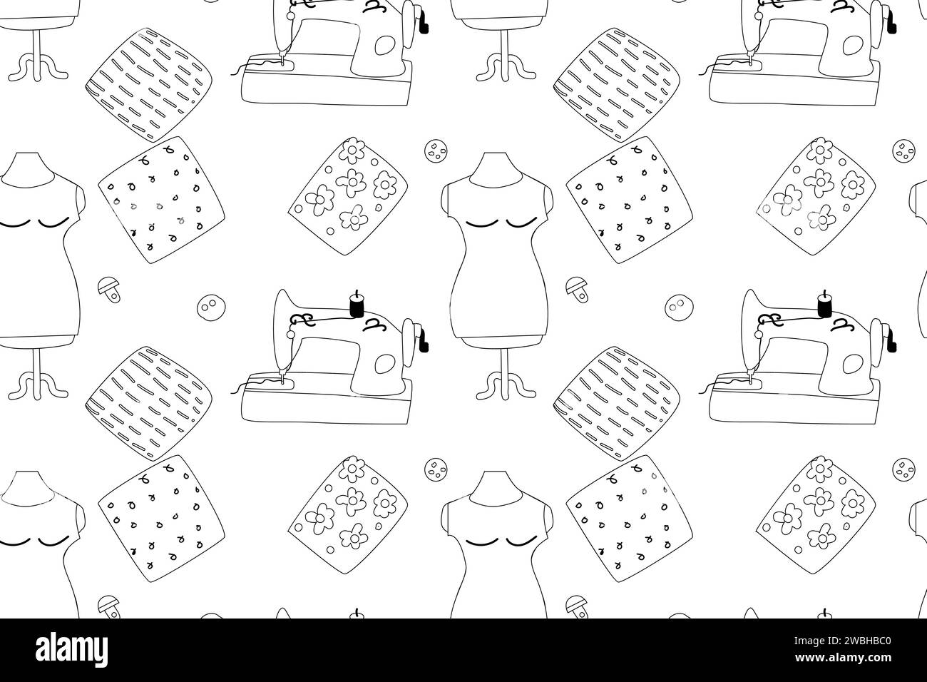 seamless pattern with different sewing equipment. Vector illustration isolated, outline. Sewing machine, mannequin, cloth, pins - outline doodle background.  Stock Vector
