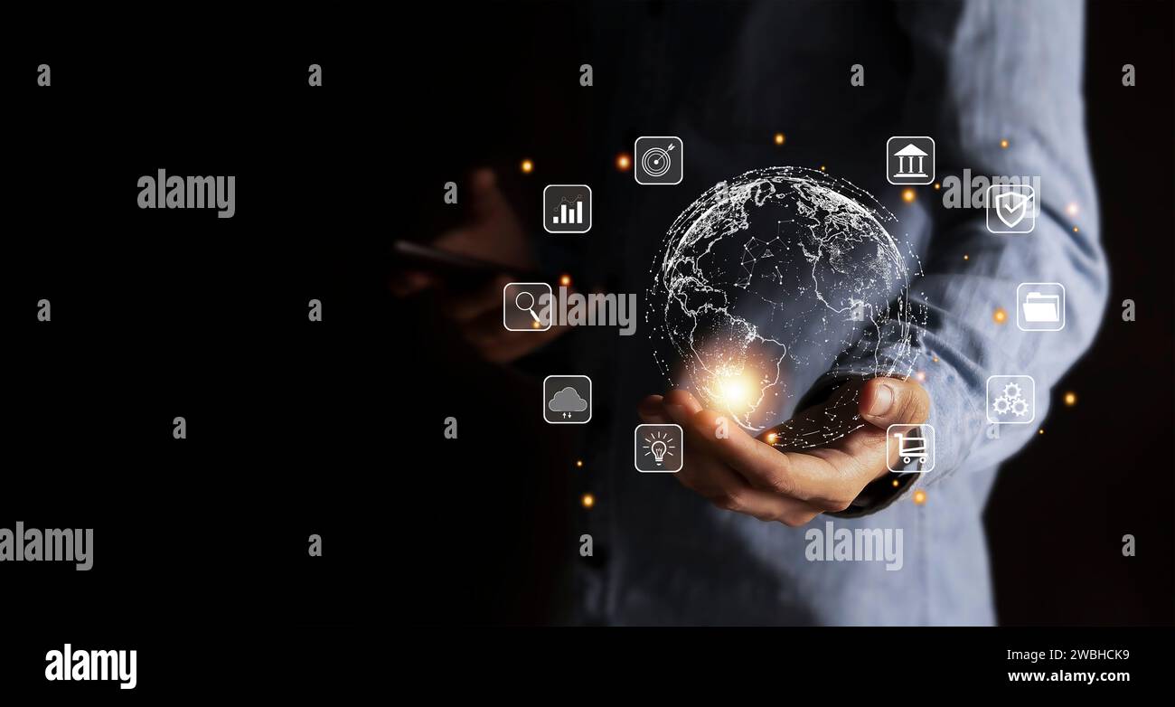 Business hands with icons of cloud computing, cloud storage and data transfer, cloud network, cloud technology internet service network concept Stock Photo