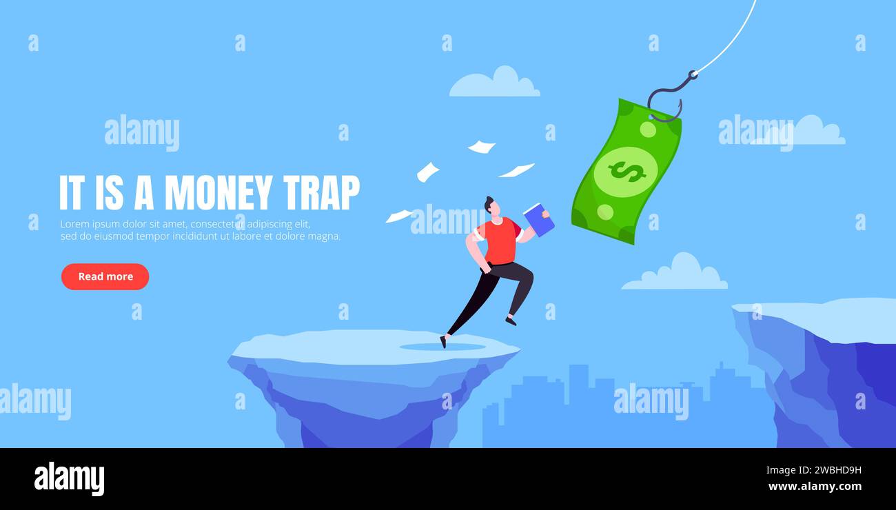 Money trap business concept. Young adult businessman running to catch the money flat style design vector illustration. Metaphor of greedy financial ri Stock Vector