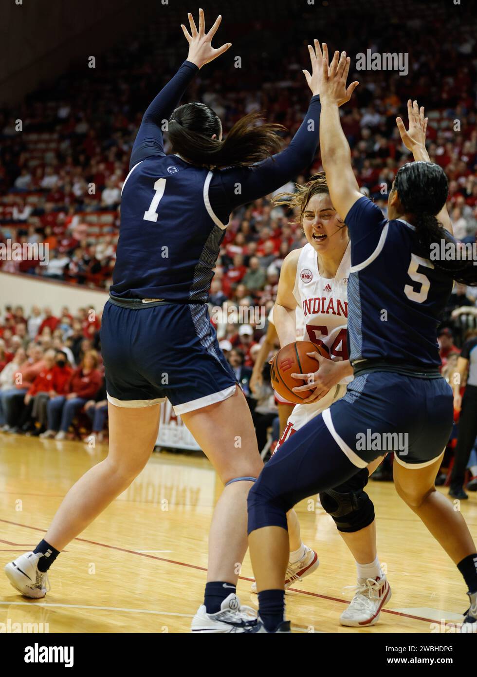 Bloomington, United States. 10th Jan, 2024. Indiana Hoosiers forward Mackenzie Holmes (54), Ali Brigham (1) and Leilani Kapinus (5) of Penn State Nittany Lions seen in action during the NCAA women's basketball game between Indiana Hoosiers and Penn State Lady Lions at Simon Skjodt Assembly Hall. Final score; Indiana Hoosiers 75:67 Penn State. (Photo by Jeremy Hogan/SOPA Images/Sipa USA) Credit: Sipa USA/Alamy Live News Stock Photo