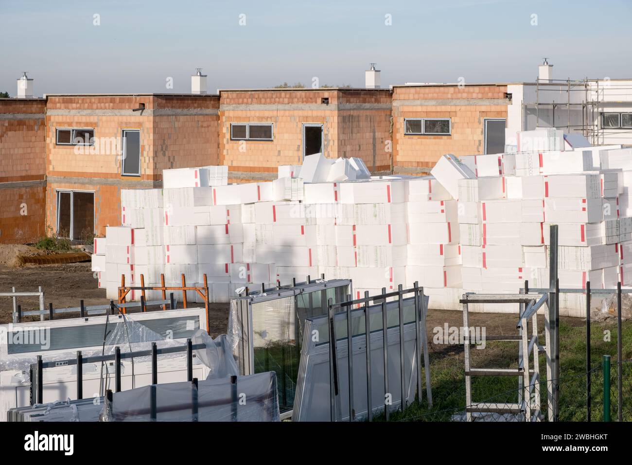 Polystyrene foam thermal insulation boards installed on wall. High ...